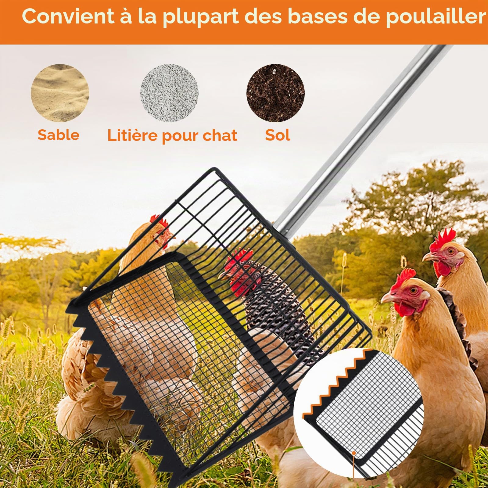 Pelle À Crottes De Poulet,4 En 1 Tamis Pour Poulailler,Poulailler Pelle À Crottes Réglable 85cm-175cm,Séparation Des Fèces Et Des Débris Du Sable,Pelle À Tamis Grande Pelle À Sable,Alliage d'aluminium