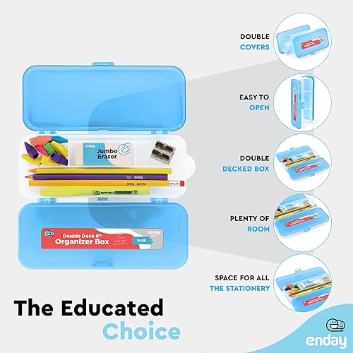 Miniatura 2 de Enday Caja de lápices azul, estuche de plástico de doble cubierta con 7 compartimentos, organizador de caja con cierre a presión para el hogar y la