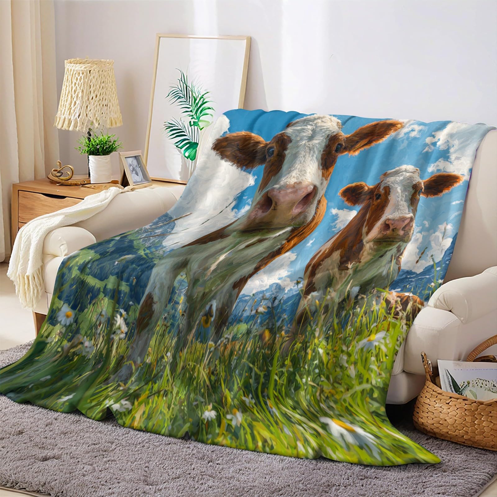 Aquarelle Couverture Polaire 220 x 240 cm Animal Vache Plaid Flanelle Doux et Chaud Jeté de Lit ou Canapé Couverture Confortable Enfant Adulte