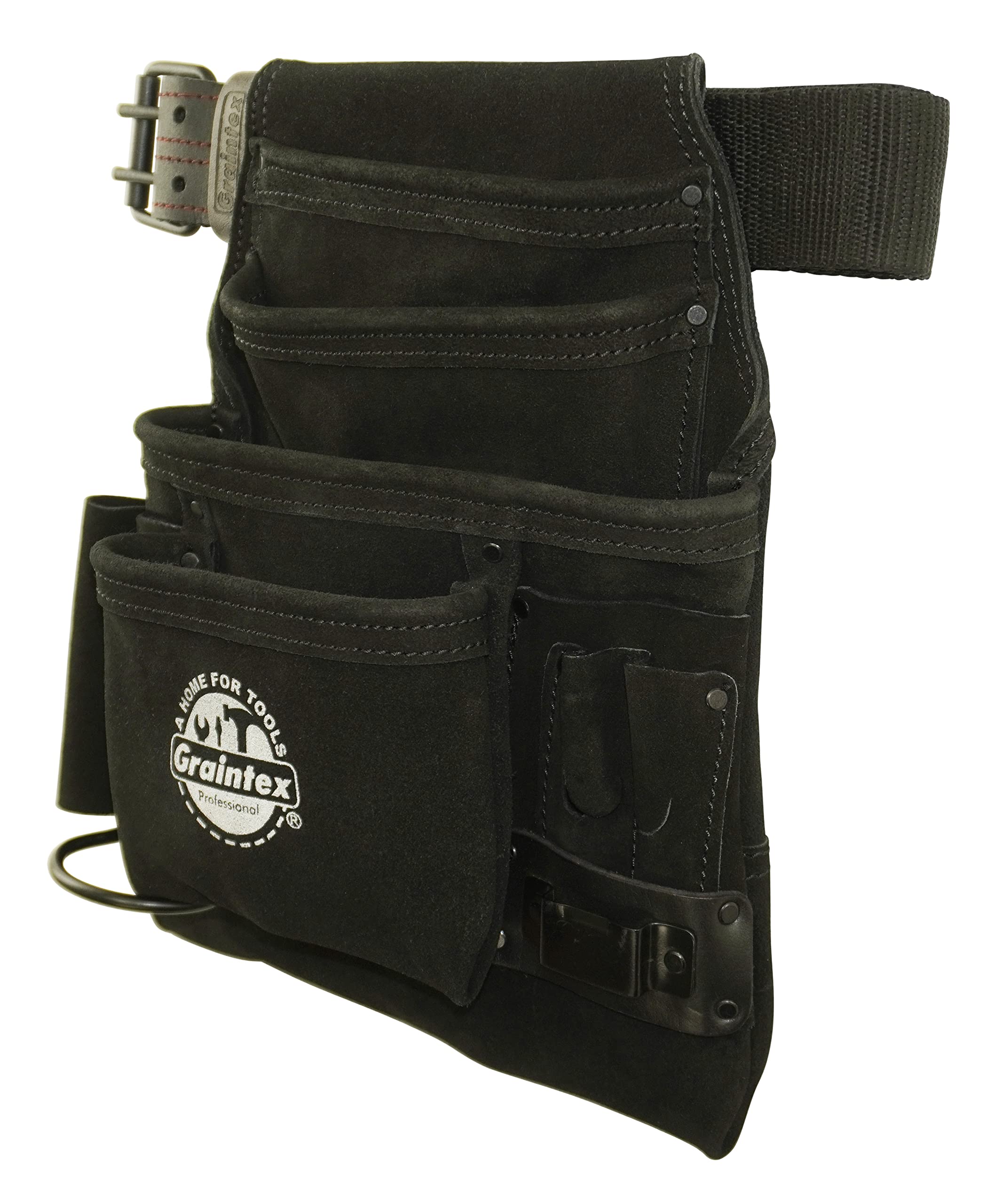 Graintex SS2680 - Bolsa de herramientas y clavos de 10 bolsillos, color negro, piel de ante de 2 pulgadas, cinturón de cincha para constructores, electricistas, fontaneros, manitas