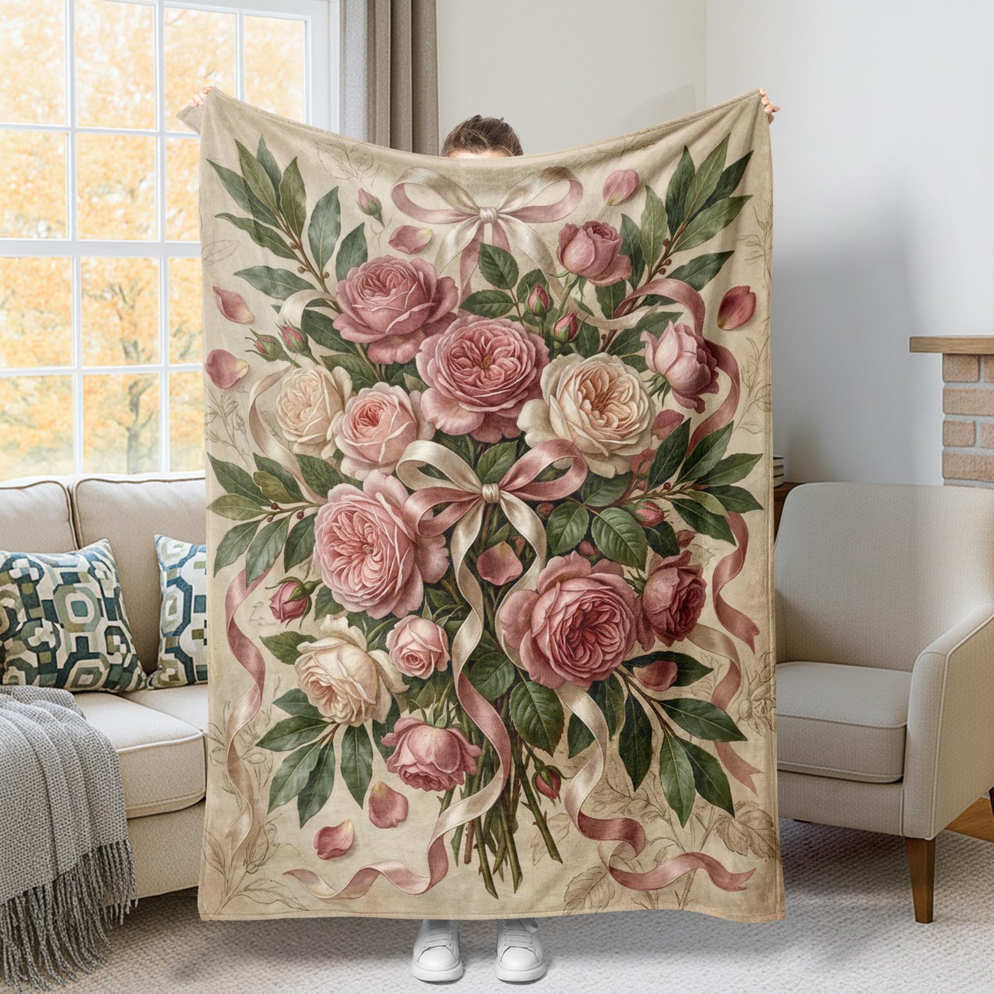 Plaid lit polaire motif rose romantique pour canapé et salon pêche