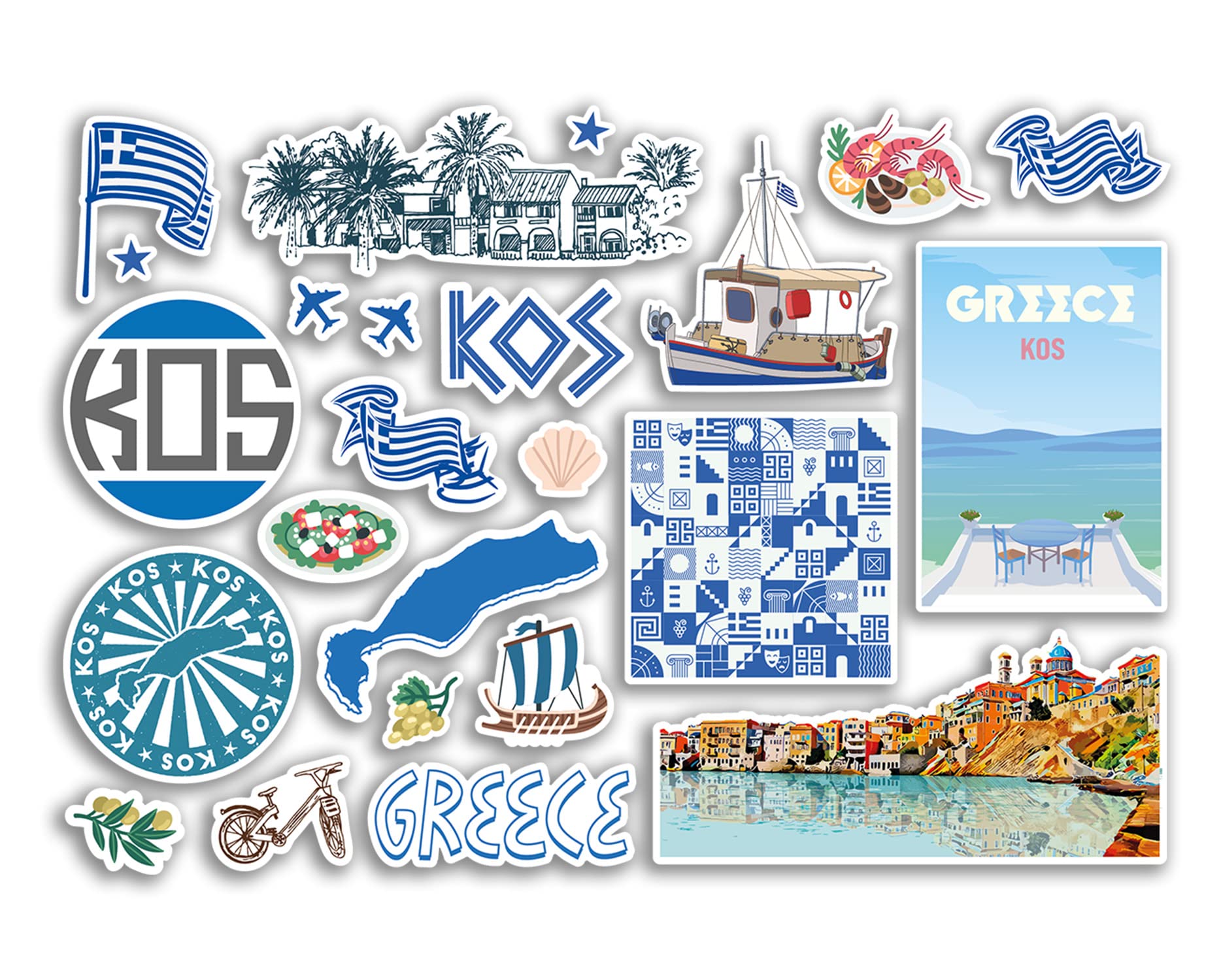 A5 Sticker Sheet Kos Landmarks Vinyl Stickers - Greece Greek Beach Map Airport Stamps Skyline Flag Travel Holiday City Trip Luggage #80286