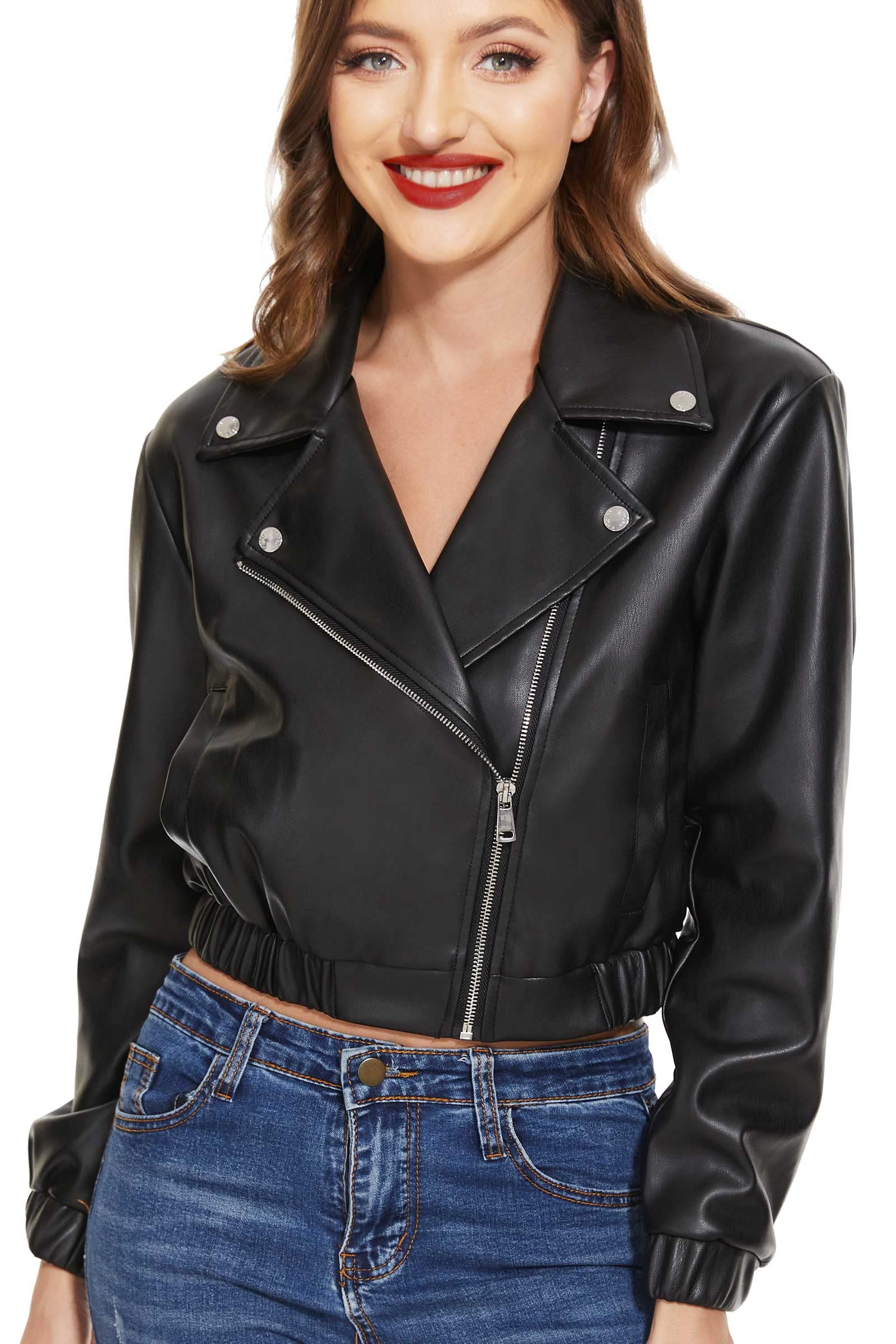 Fahsyee Lederjacke Damen Biker Kurz Slim Motorradjacke Schwarz S-XXL | Kunstleder PU, kurz geschnitten, Reißverschluss vorne, leicht, vegan, vielseitig kombinierbar