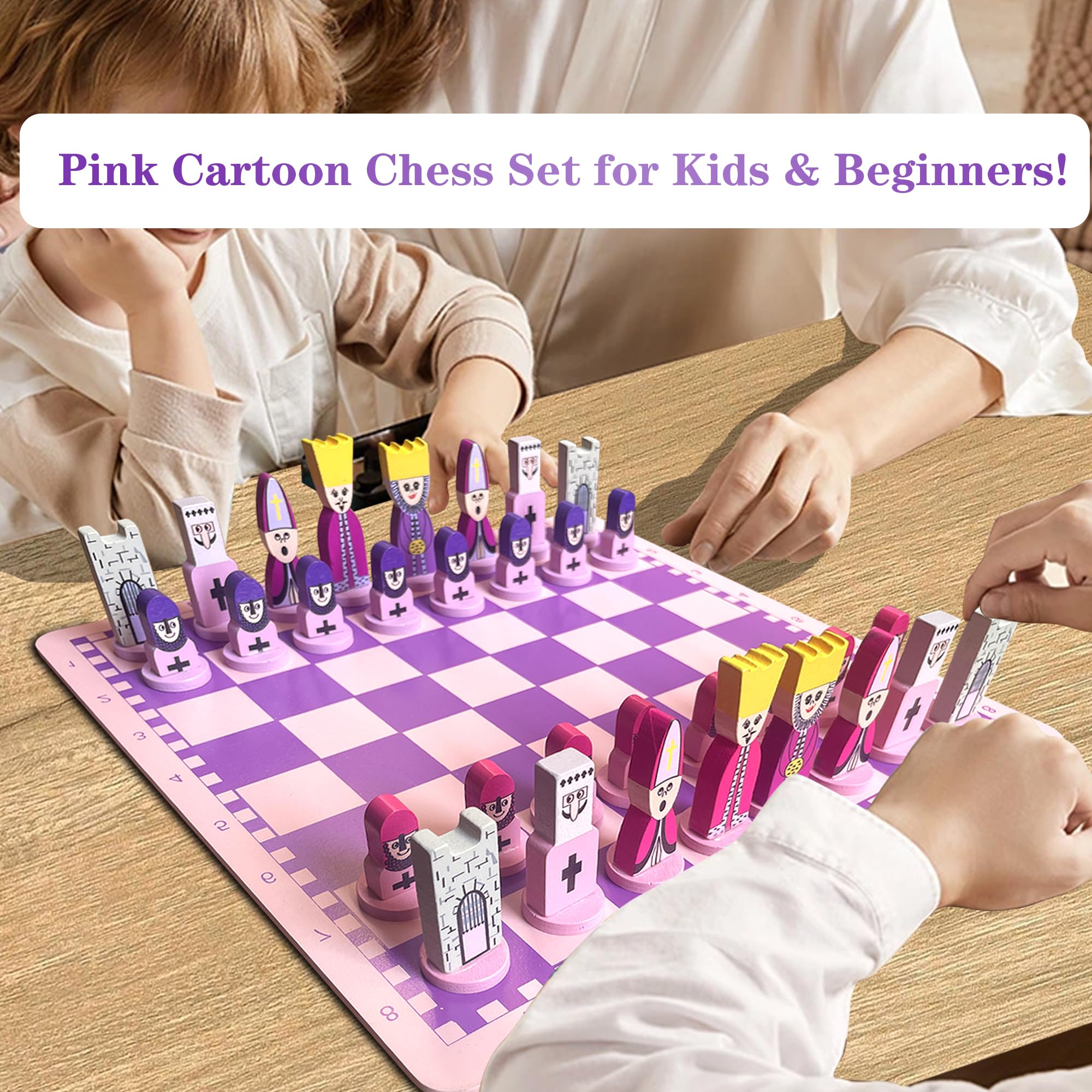 Juego de ajedrez de dibujos animados para niños:  de 11.8 pulgadas, tablero de ajedrez rosa con temática de ajedrez para niños, juegos de ajedrez para principiantes, sin estrés, juegos de mesa 8