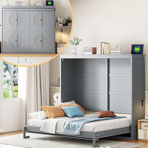 Murphy Bed Full Murphy Bed Cabinets, Solid Wood Wall Bed, Full Size Murphy Bed Cabinet Bed, Hidden Murphy Bed Horizontal Murphy Bed, Foldable Platform Bed Frame for Guest Room Apartment Studio, Grey