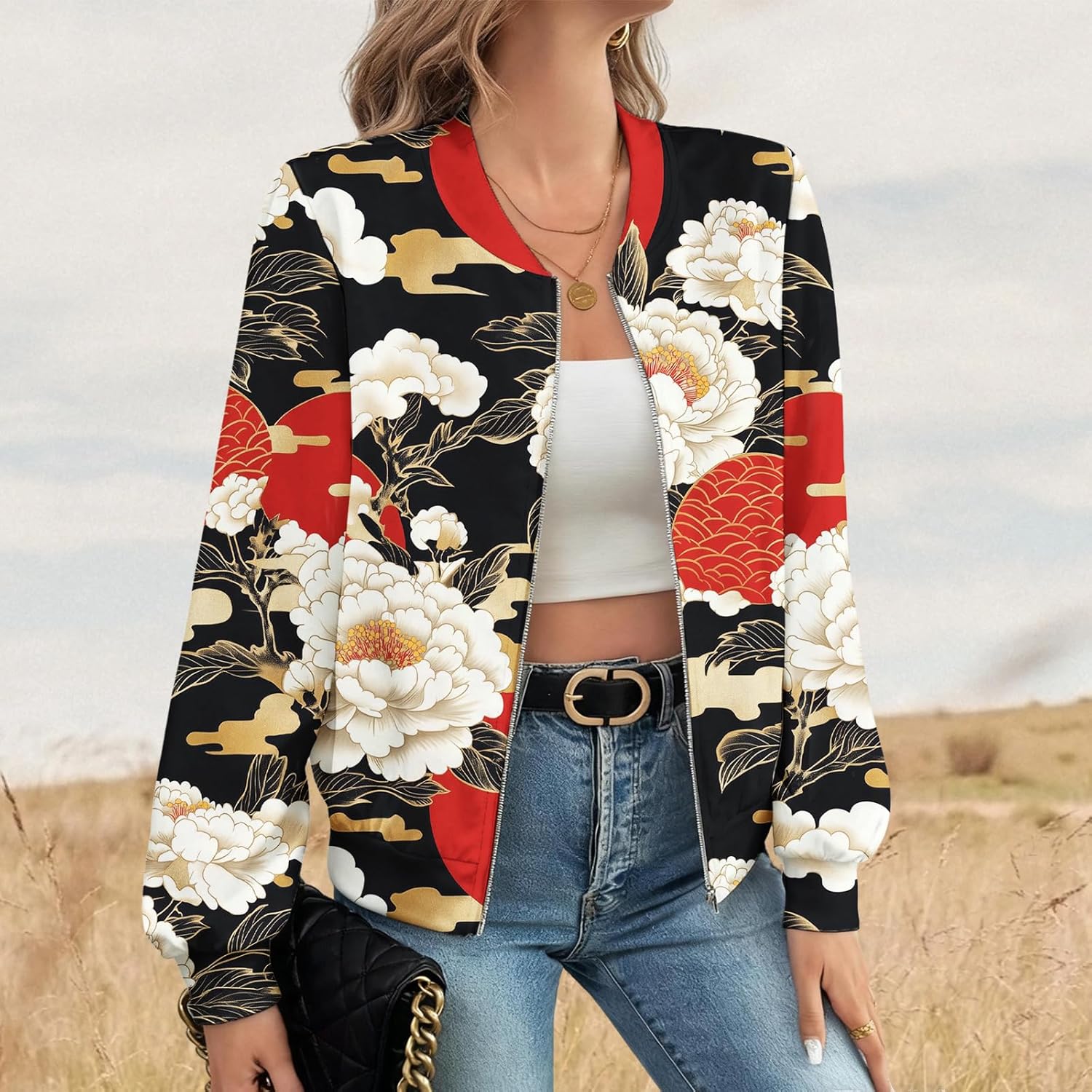 LIZALIG Women's Floral Print Bomber Jacket Casual Vintage Zip Coat Lightweight Long Sleeve Outwear Tops Windbreaker - Image 3