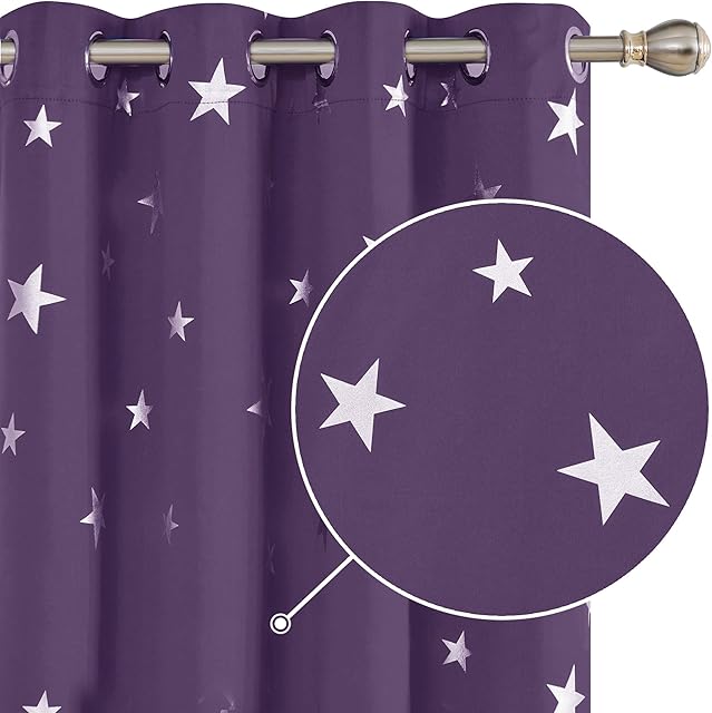 Deconovo Thermal Insulated Blackout Curtains Eyelet Silver Star Foil Printed Curtains for Kids Bedroom 55x90 Inch Purple Grape 2 Panels