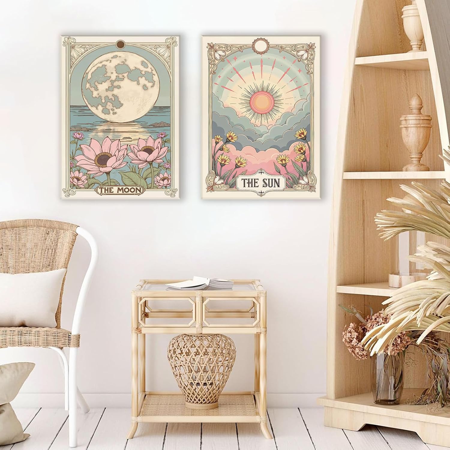 2Pcs Moon Sun Wall Art Tarot Card Vintage Poster Decor Boho Aesthetic Canvas Wall Art Boho Flower Mystical Astrology Painting for Bedroom Bathroom Living Room 16x24in