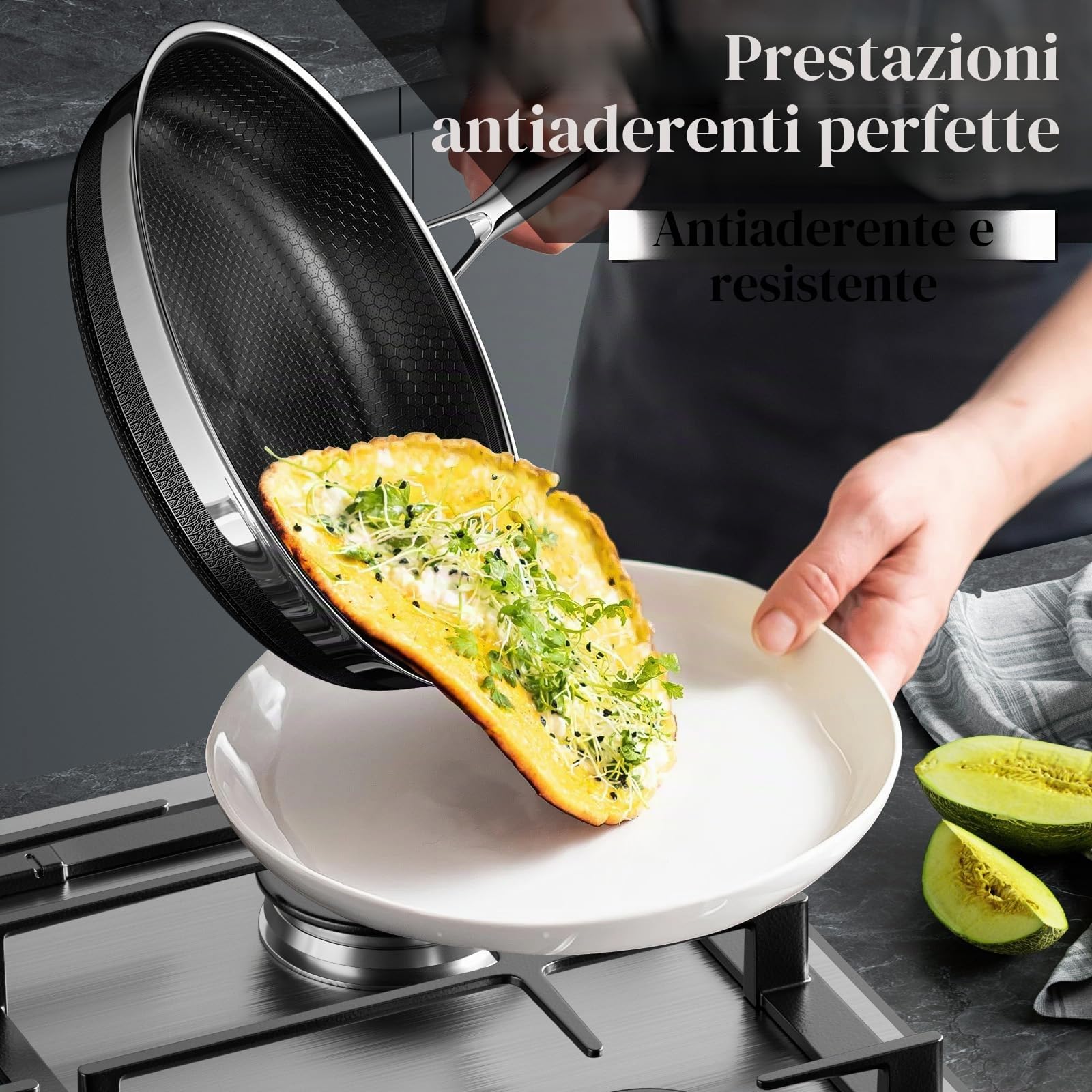 Innerwell Set di padelle Antiaderente 20 24 28 cm, 3 Pezzi Padella Acciaio Inox Induzione, Rivestimento a nido d'ape antigraffio, Padelle Adatte Per Forno, Universali Pentole, Senza PFOA