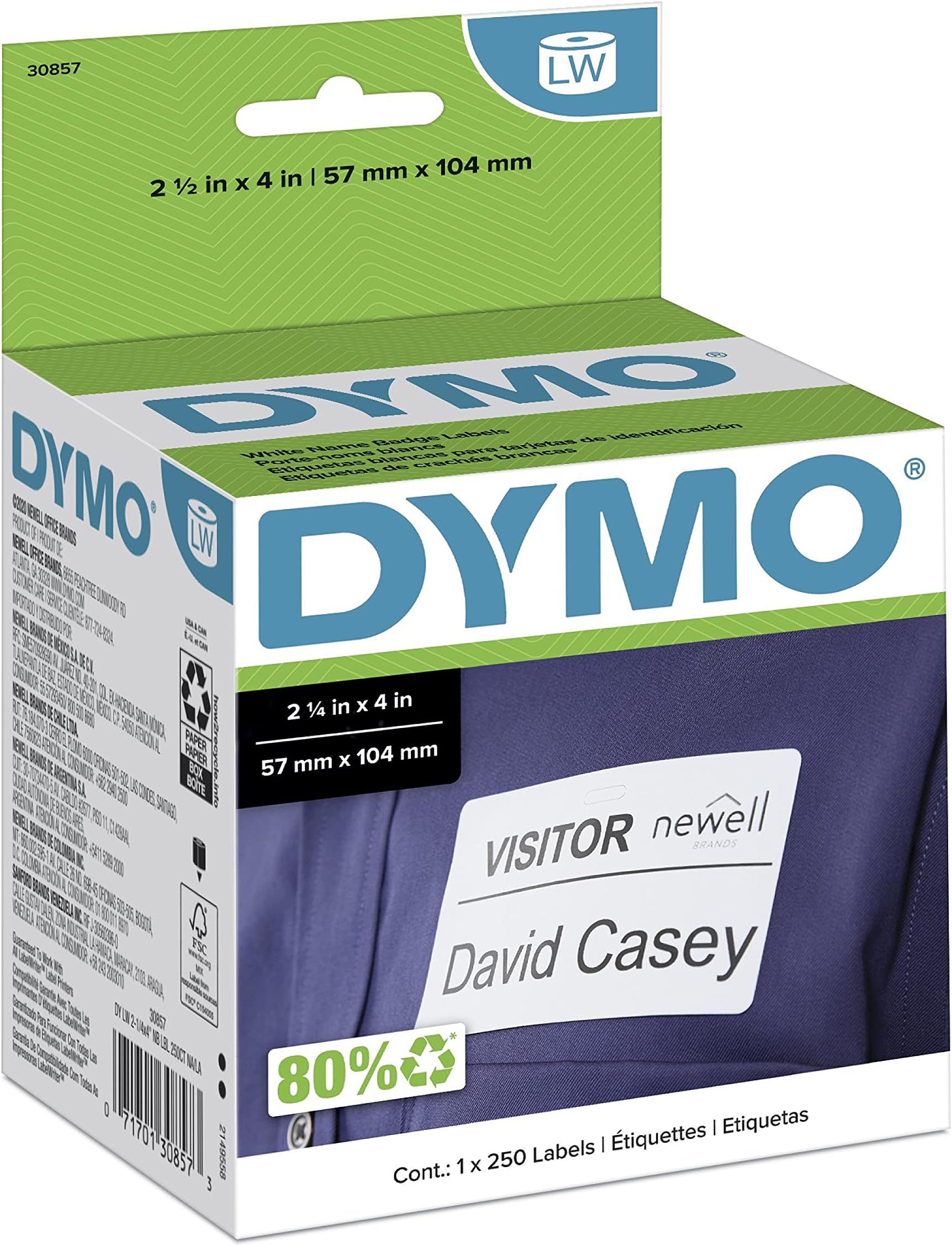 Authentic LW Name Badge Labels DYMO Labels for LabelWriter Printers White 2-1/4" x 4" 1 Roll of 250