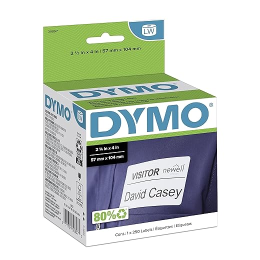 DYMO Authentic LW Name Badge Labels, DYMO Labels for LabelWriter Printers, White, 2-1/4" x 4", 1 Roll of 250