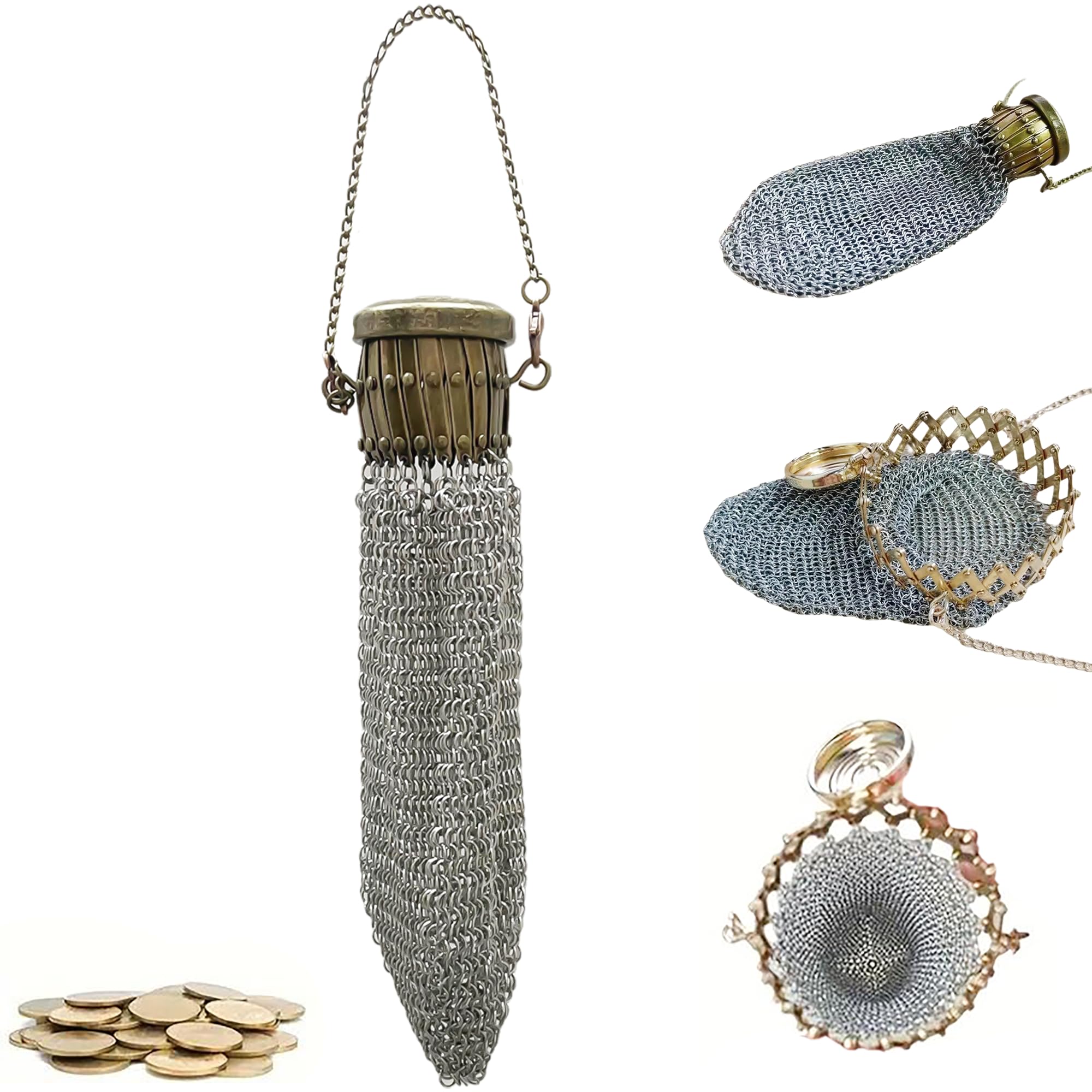Handmade 1920's English Vintage Coin Purse Wallet, Chain Metal Mesh Wallet for Coins, Dice, Jewelry, Cosmetics, Mini Vintage Double Mesh Coin Holder