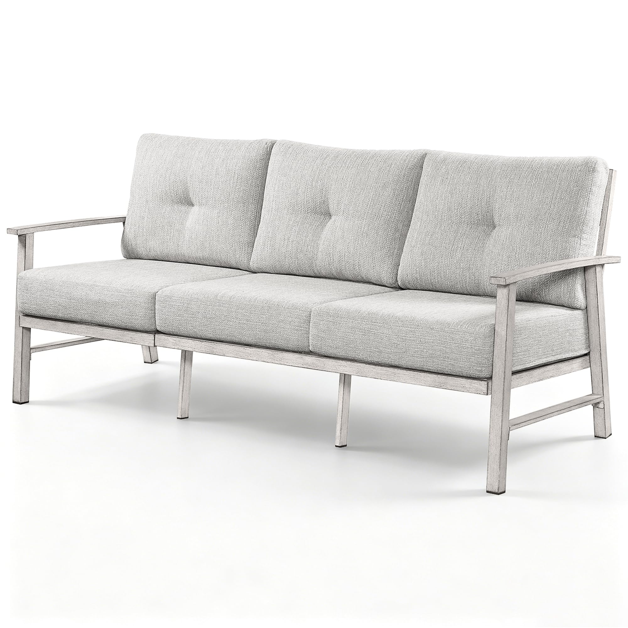 3 Seats Patio Furniture Sofa, Outdoor Aluminum Couch with 5.9'' Soft Cushion, 3-Seater All-Weather Outdoor Patio Furniture Sofa Couch for Balcony, Poolside, Lawn, White Oak