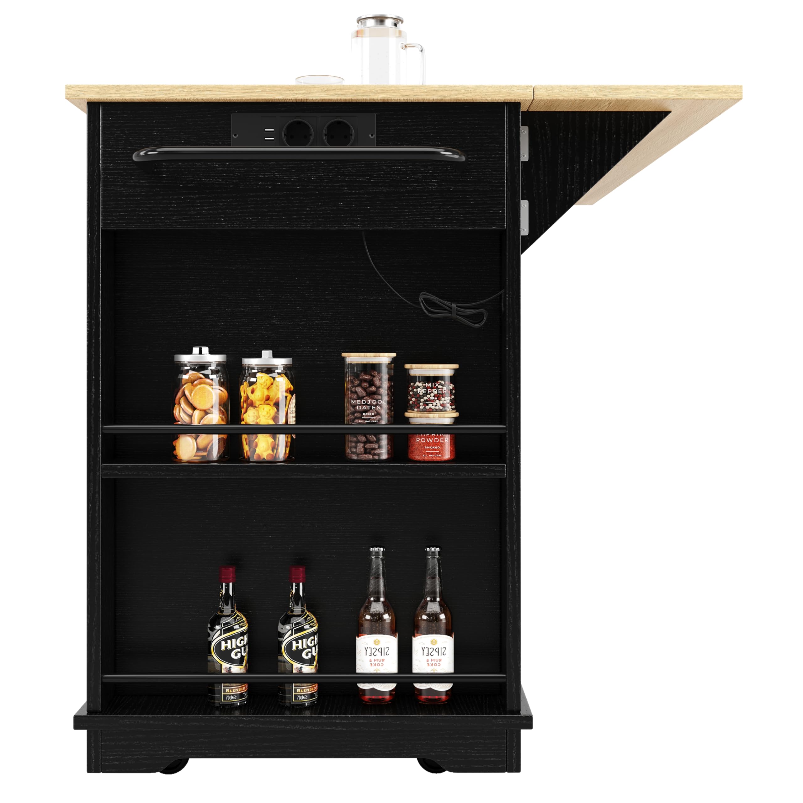 Kücheninsel mit Rollen, Mobile Küchenschrank mit Steckdosenleiste Ausgestattet, Küchenkommode mit Klappbarer Arbeitsplatte, Küchen Sideboard, für Esszimmer, 151,5cm, Holzmaserung, Schwarz