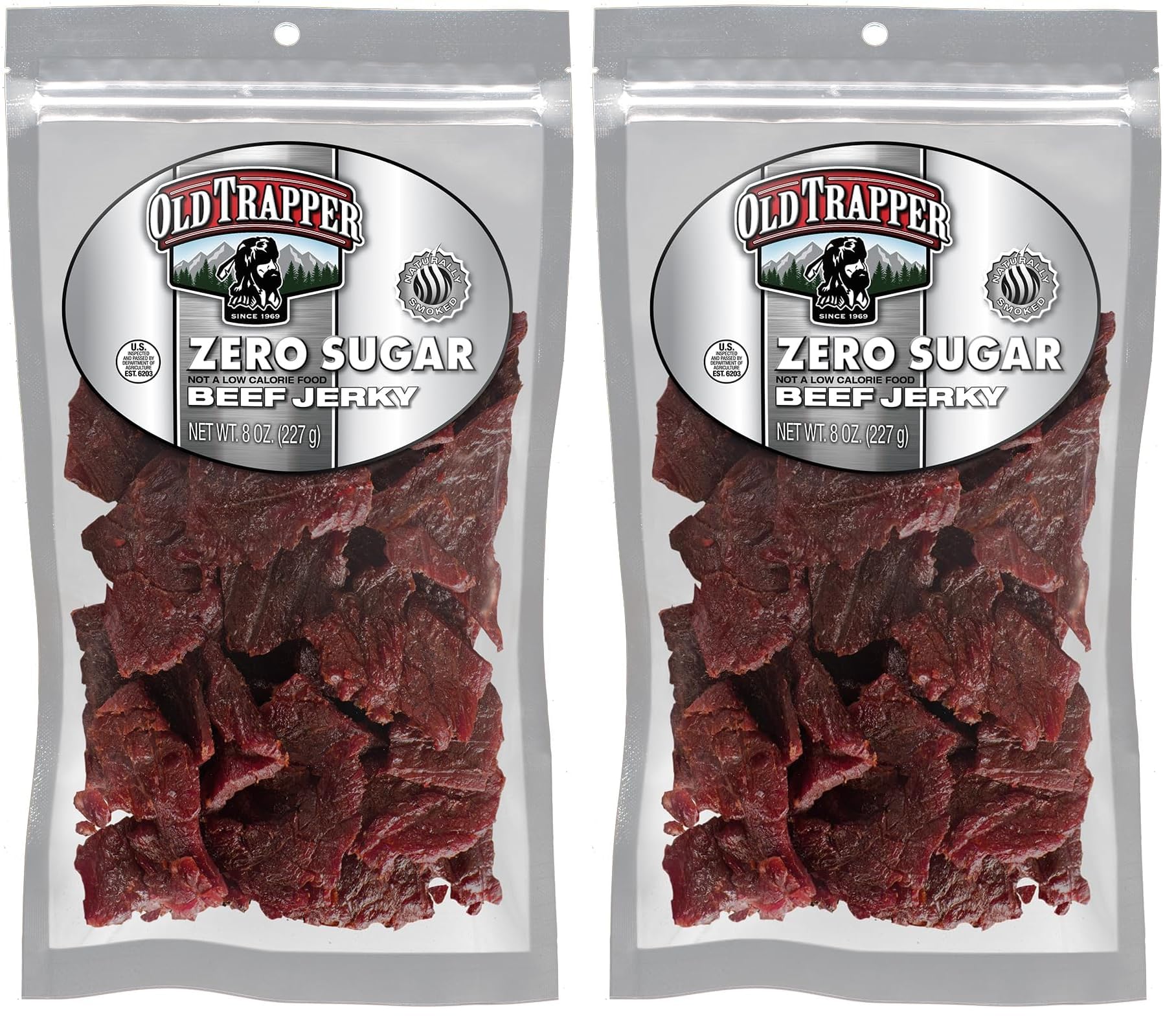 Old Trapper Zero Sugar Beef Jerky | Traditional Style Real Wood Smoked | Healthy Snack Made from 100% Top Round Steaks | 8 Ounce Bag (Pack of 2)
