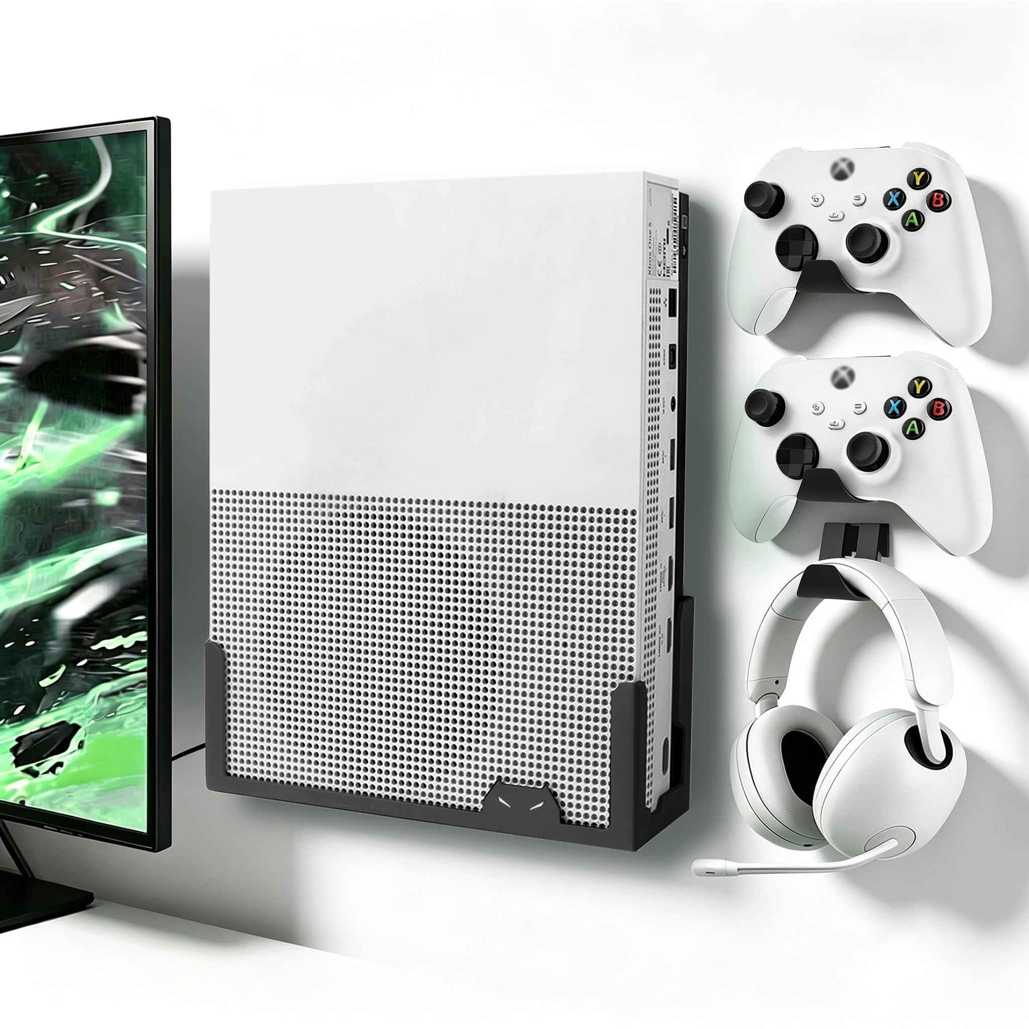 BracNova Soporte de pared para Xbox One S, soporte de pared de acero con soporte de controlador desmontable y gancho para auriculares (no para Xbox Series S)