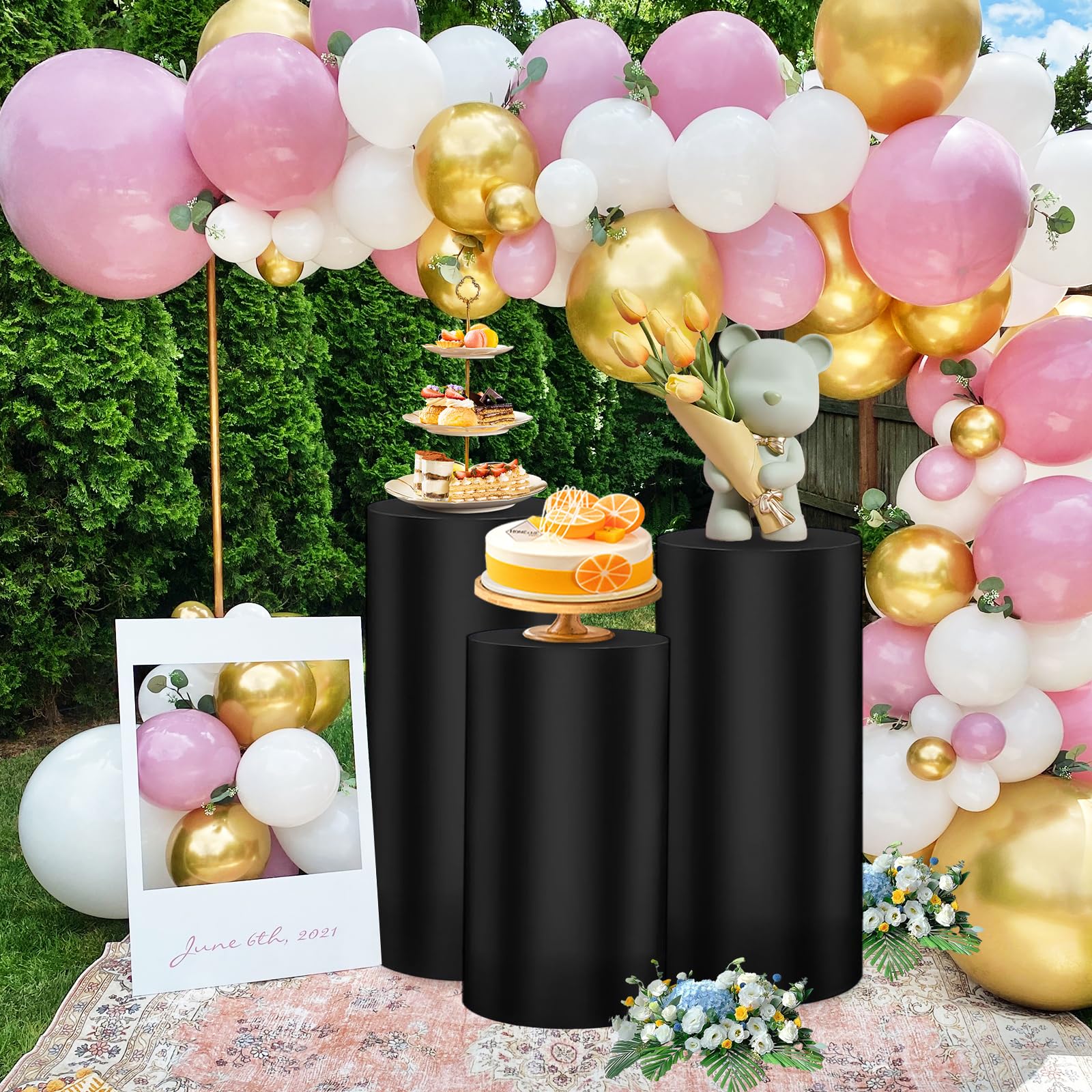 Set of 3 Cylinder Covers - Spandex Pedestal Stand Covers for Parties, Weddings, Baby Showers & More (Black)
