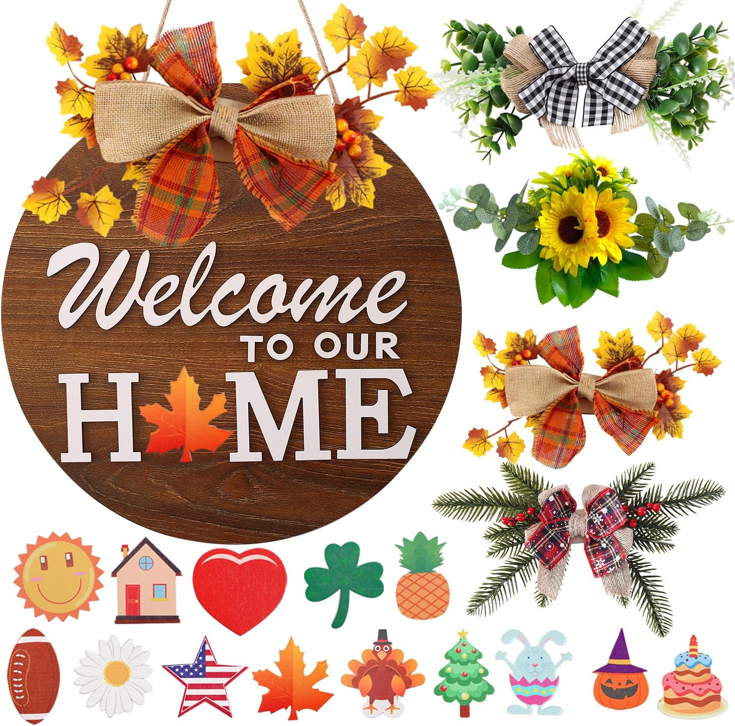 Interchangeable Welcome Sign for Front Door with 4 Seasonal Wreaths and 14 Changeable Icons, Farmhouse Front Door Signs, Door Decoration Porch Decor, Seasonal Wooden Home Sign home décor (6wood)