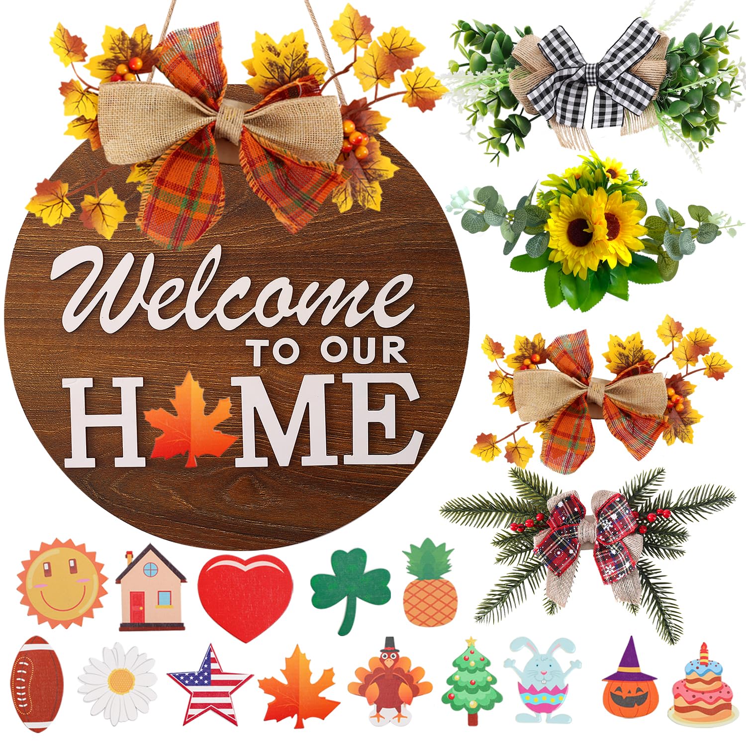 Interchangeable Welcome Sign for Front Door with 4 Seasonal Wreaths and 14 Changeable Icons, Farmhouse Front Door Signs, Door Decoration Porch Decor, Seasonal Wooden Home Sign home décor (6wood)