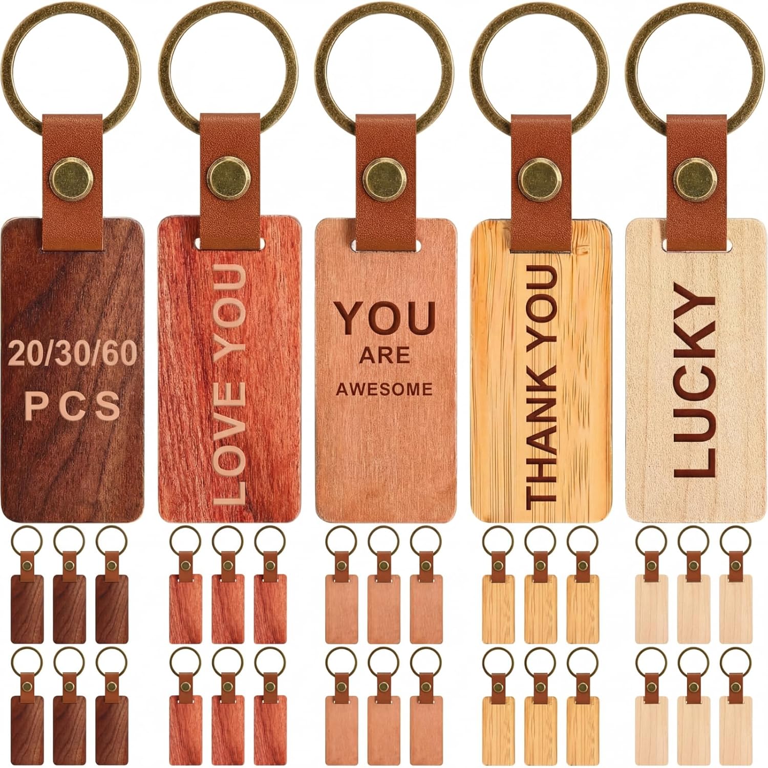 Batiyeer 20 Pcs Wooden Keychain Blanks 5 Colors Rectangle Wood Key Chain with Leather Strap Unfinished Keyrings Gifts for Dad