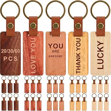 Batiyeer 20 Pcs Wooden Keychain Blanks 5 Colors Rectangle Wood Key Chain with Leather Strap Unfinished Gifts for Father
