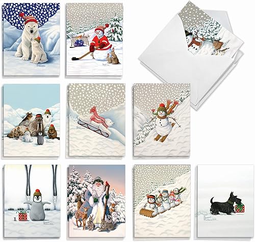 The Best Card Company - 20 tarjetas de Navidad de animales a granel (10 diseños, 2 de cada uno) - Tarjetas navideñas en caja para niños (4 x 5.12