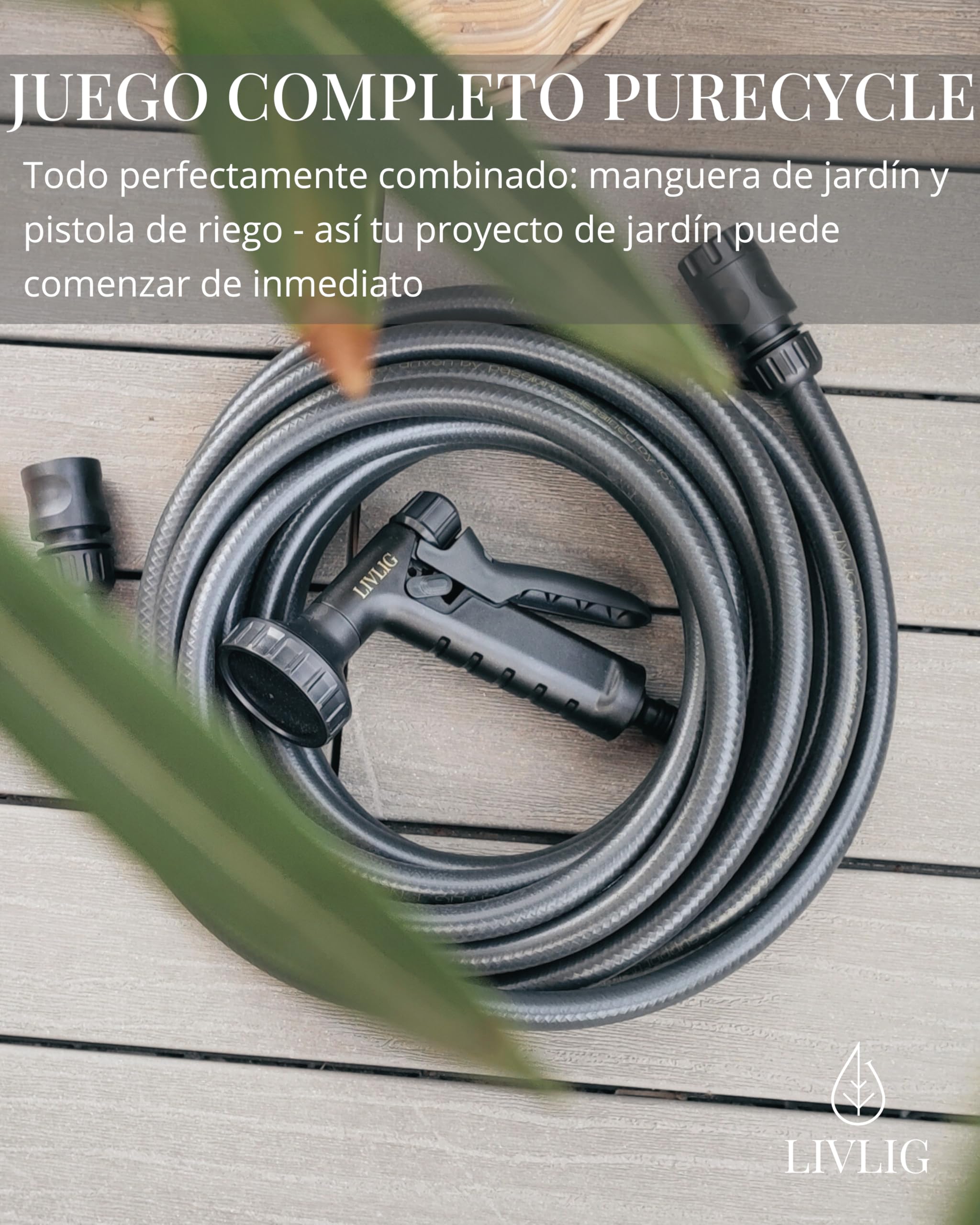 LIVLIG Manguera de jardín de 30 m en set, manguera de jardín negra fabricada con 85% de material reciclado, manguera de agua con aspersorio de jardín y conector de manguera de 1/2 pulgada, PureCycle
