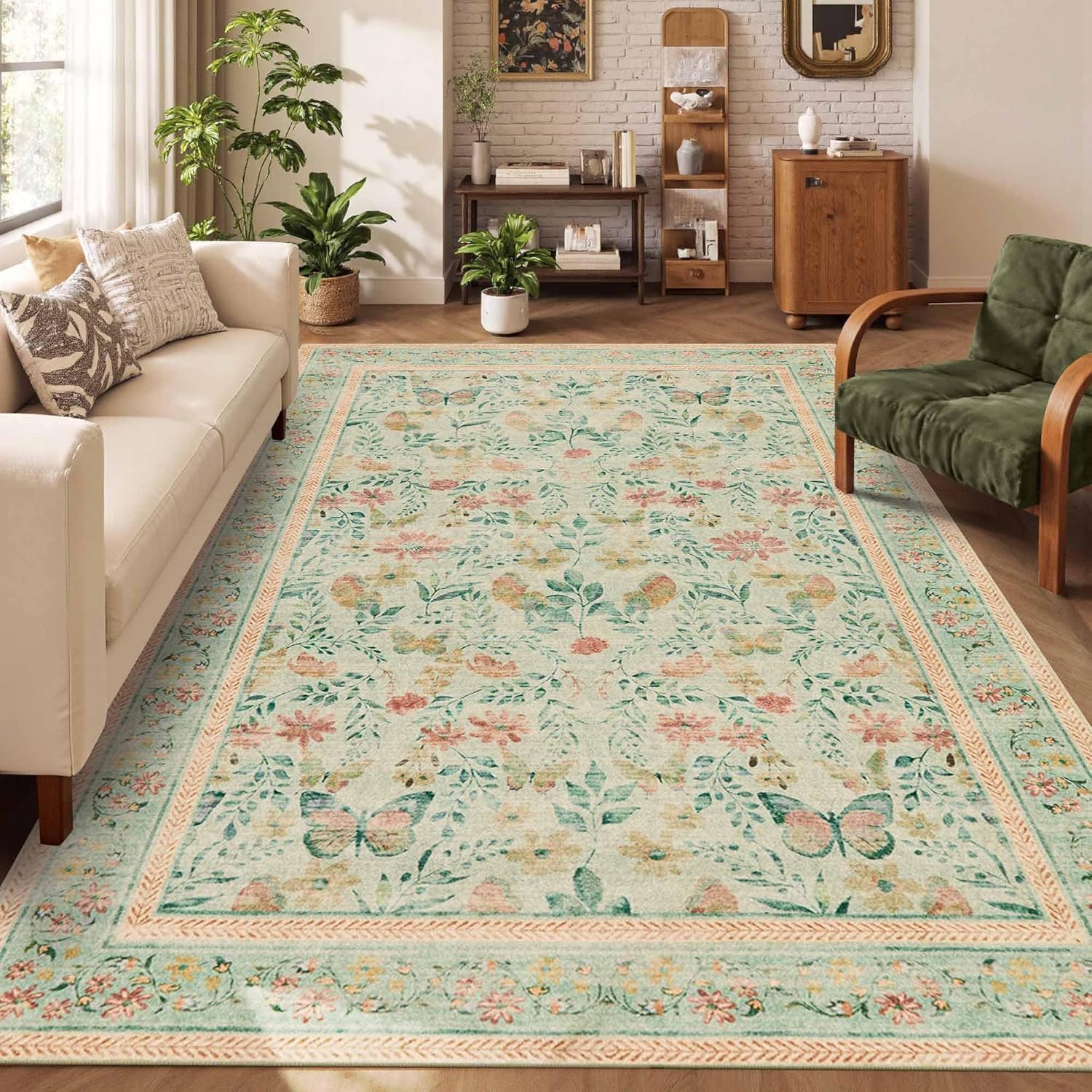 Tapis chambre et salon floral vert pour une ambiance cosy et vintage