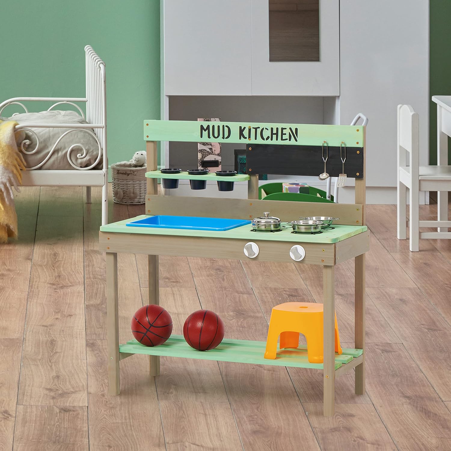Mederra Kids Play Kitchen, Wood Mud Kitchen with Water Play Set & Cooking Toys for Outdoor, Gift for 3~8