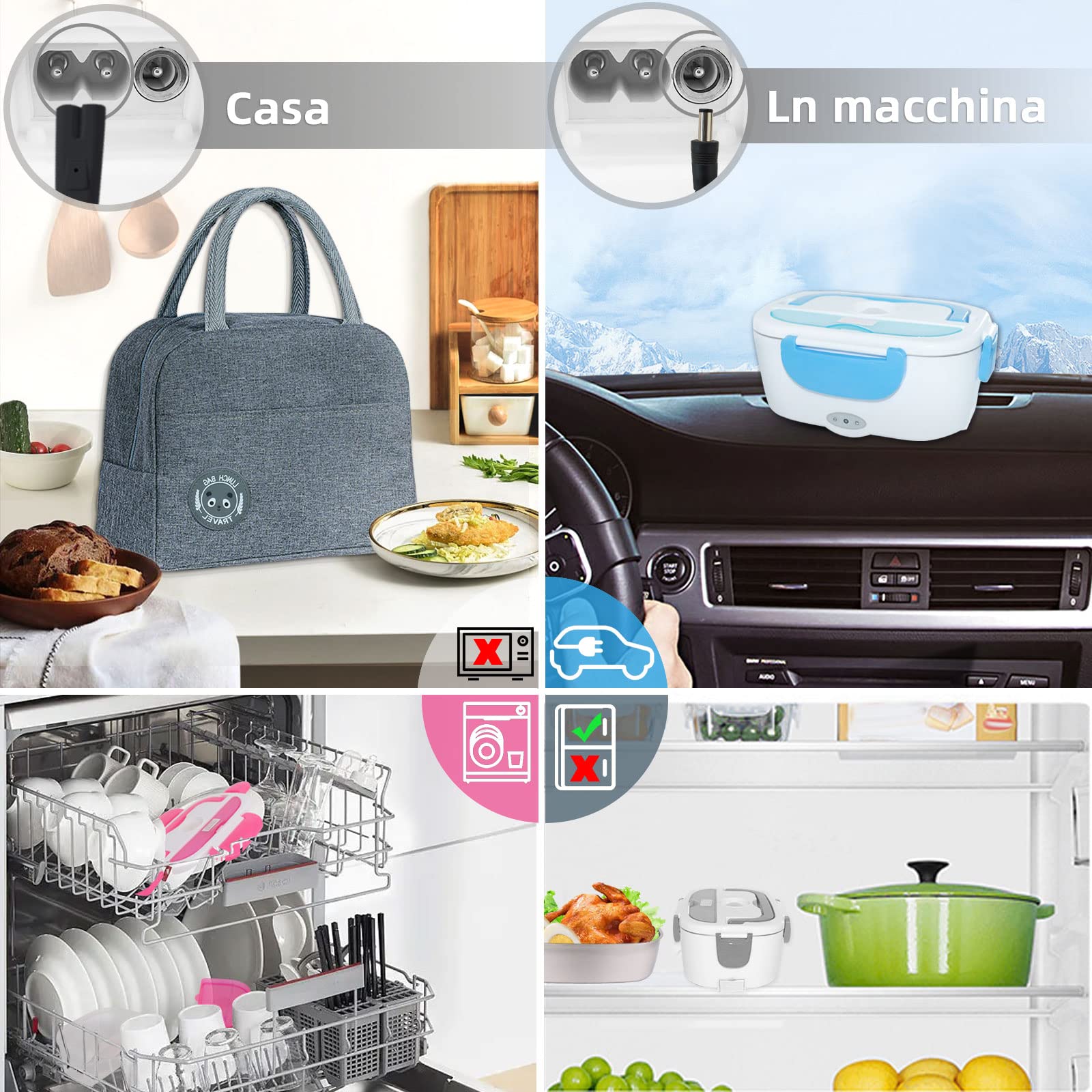 Poligono Scaldavivande Elettrico Portatile con Borsa Termica 1.5L (55W 220V), Lunch Box Portavivande Termico Elettronico Portatile in Acciaio Inox, Porta Pranzo da Ufficio e Auto, Grigio