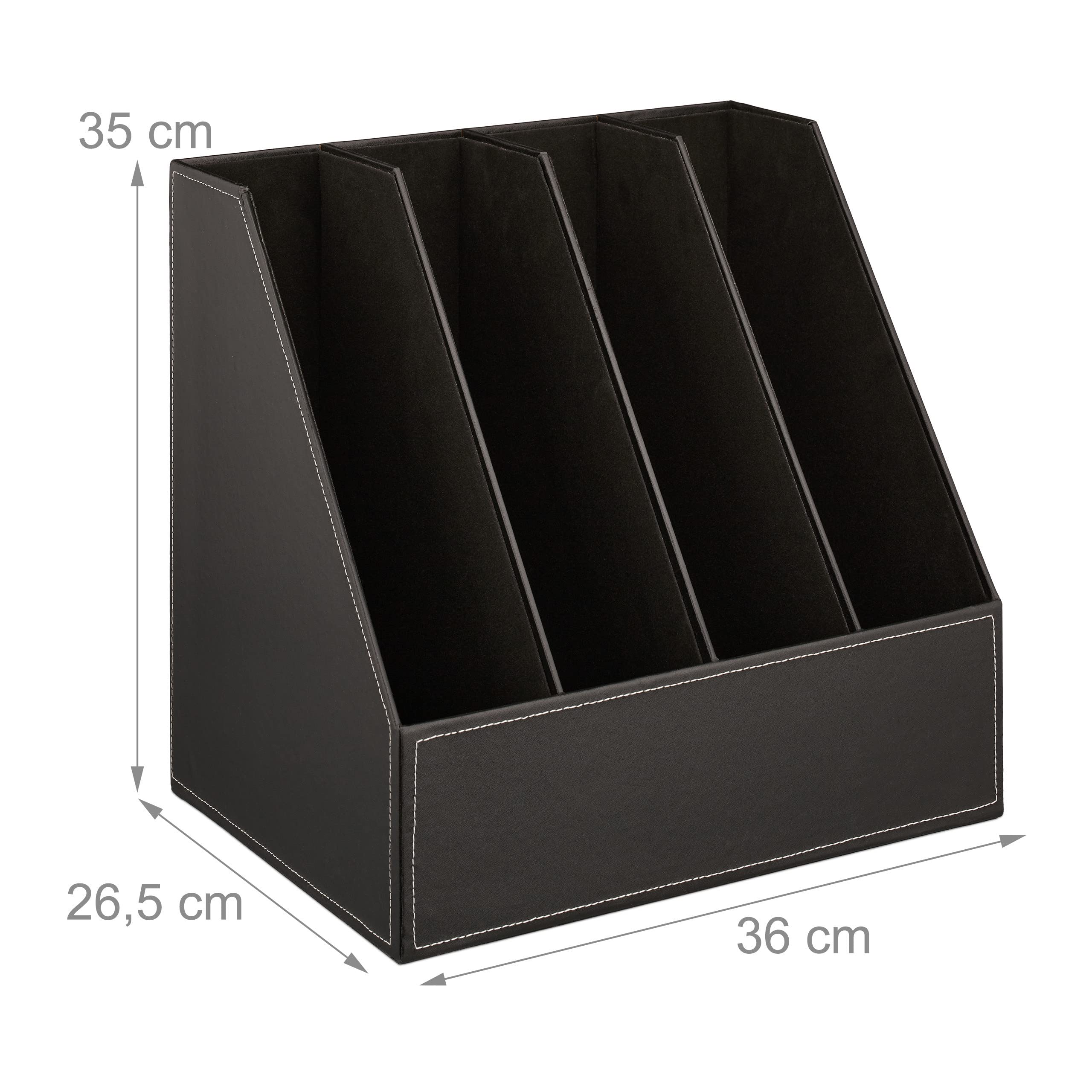 Relaxdays Colector de pie Archivador Piel Sintética, Organizador Carpetas, Revistero 4 Compartimentos, DIN A4 a C4, 35x36x26,5 cm, Negro, 35 x 18 x 26,5 cm