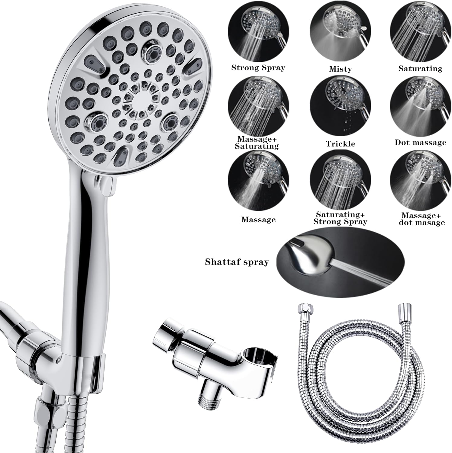 XMJAS-TURN High Pressure 10-mode Handheld Shower Head - Anti-clog Nozzles,Built-in Power Wash to Clean Tub, Tile & Pets,Extra Long 5 ft.Stainless Steel Hose, Copper interface shower holder