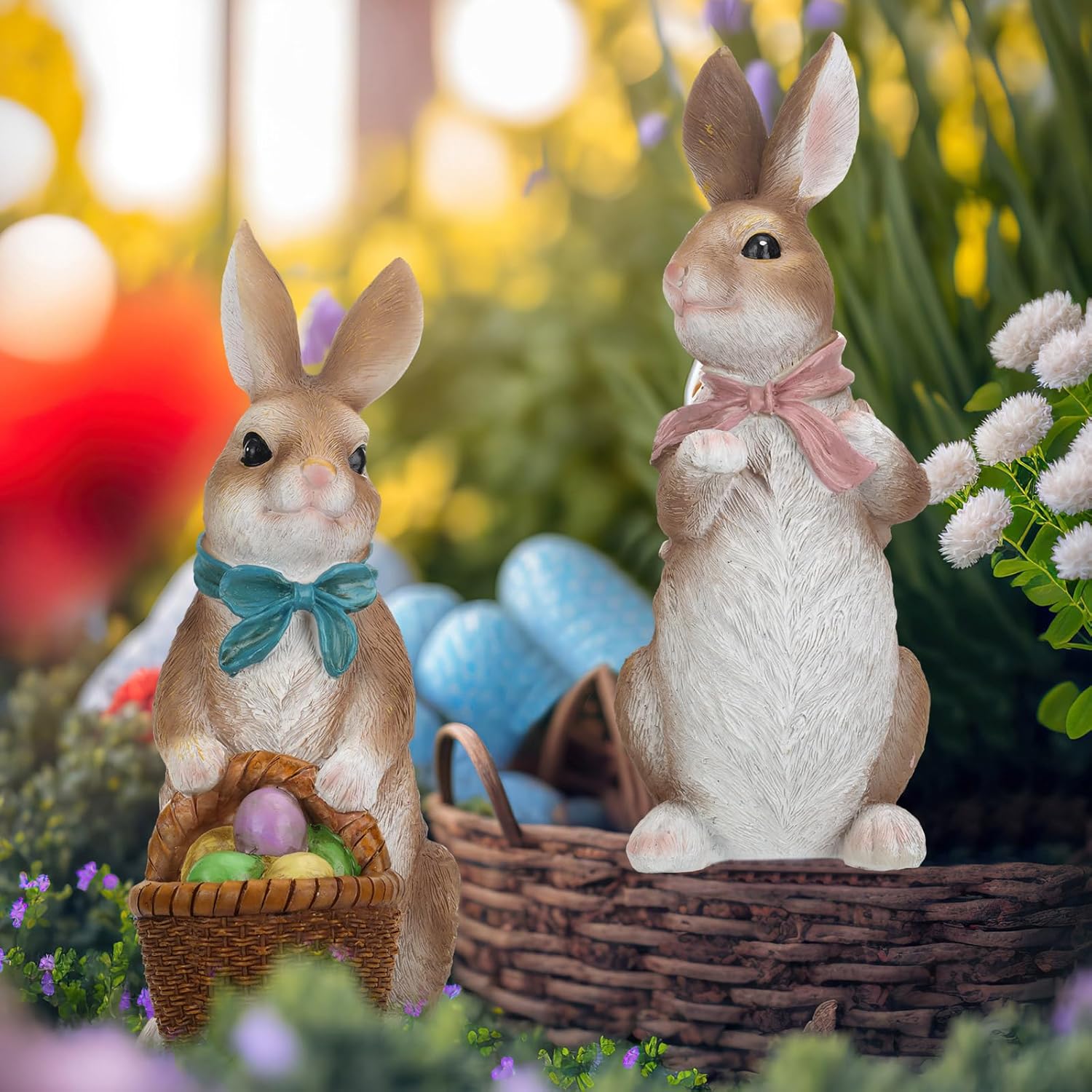 Wenqik 2 Pcs 12 Inch Large Easter Bunny Figurines Resin Rabbits Decor with Egg and Carrot Spring Easter Tabletop Centerpiece Ornaments for Indoor Outdoor Home Garden Farmhouse Decor(Brown) - Image 4