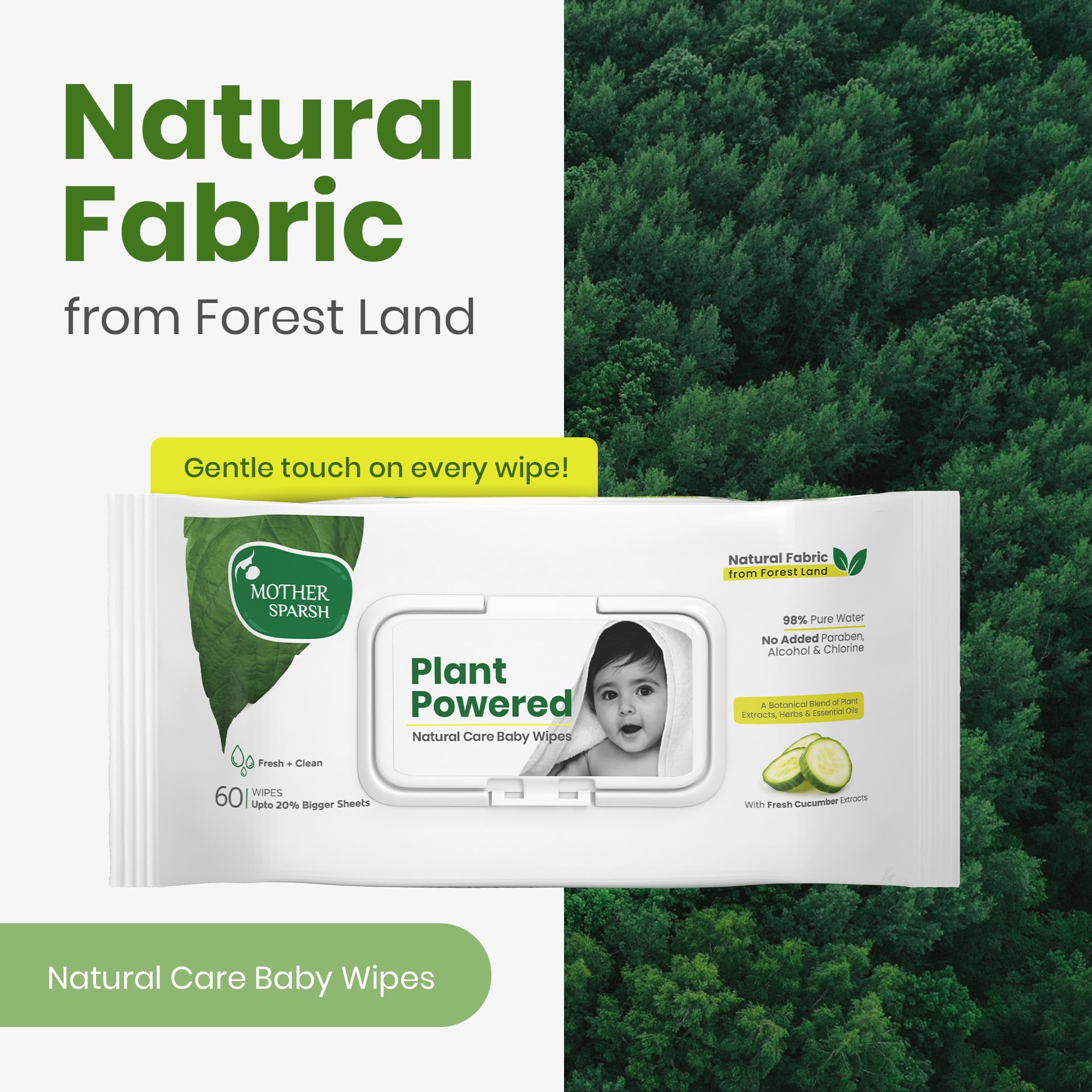 Mother Sparsh Toallitas para bebés de cuidado natural 60 piezas (paquete de 8) I 100% tela vegetal hecha de tierras forestales | Fresco+Limpieza (con pepino) toallitas húmedas vegetales para bebé I
