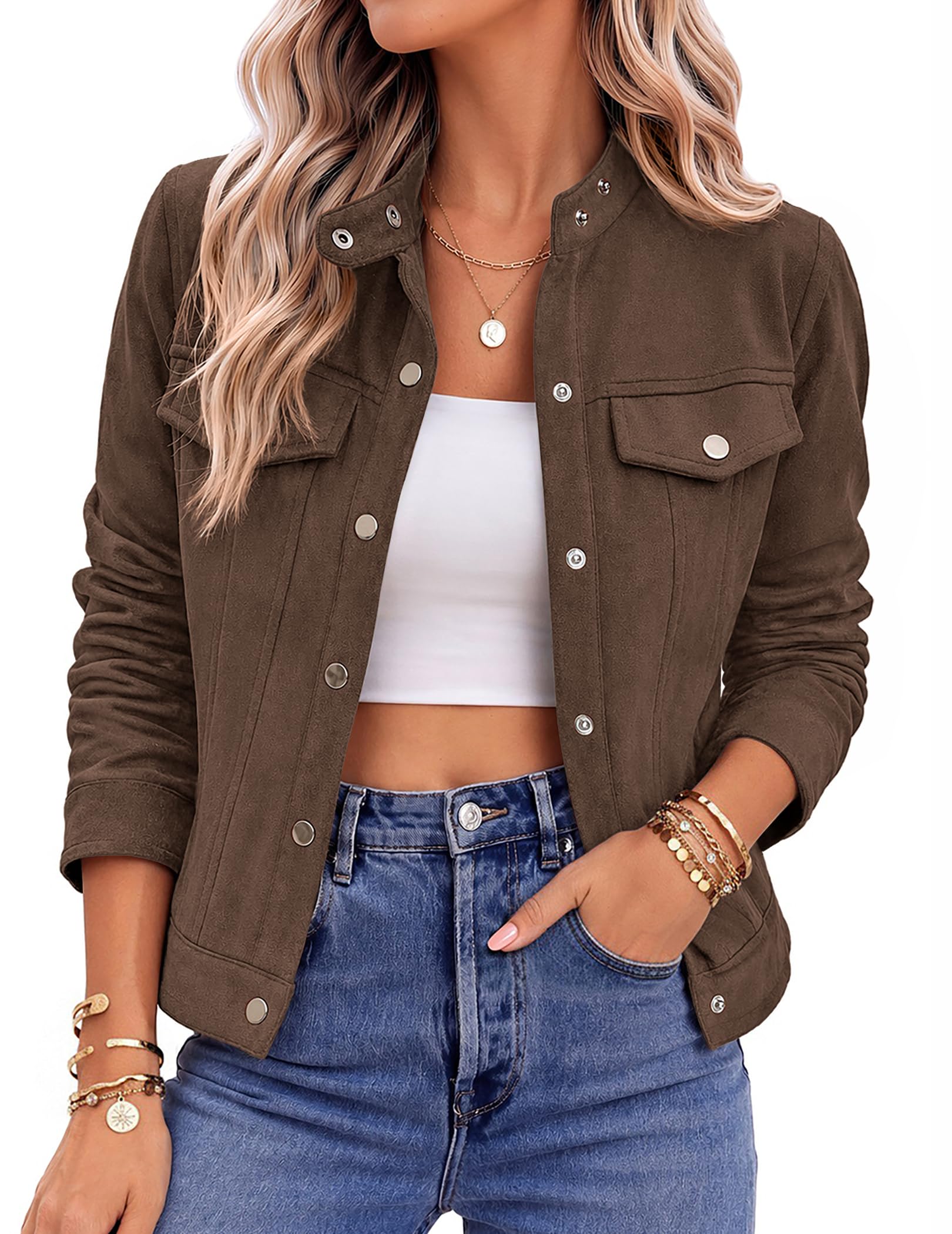 Brown Suede Jacket Women Cropped Trendy Fall Shackets Coats