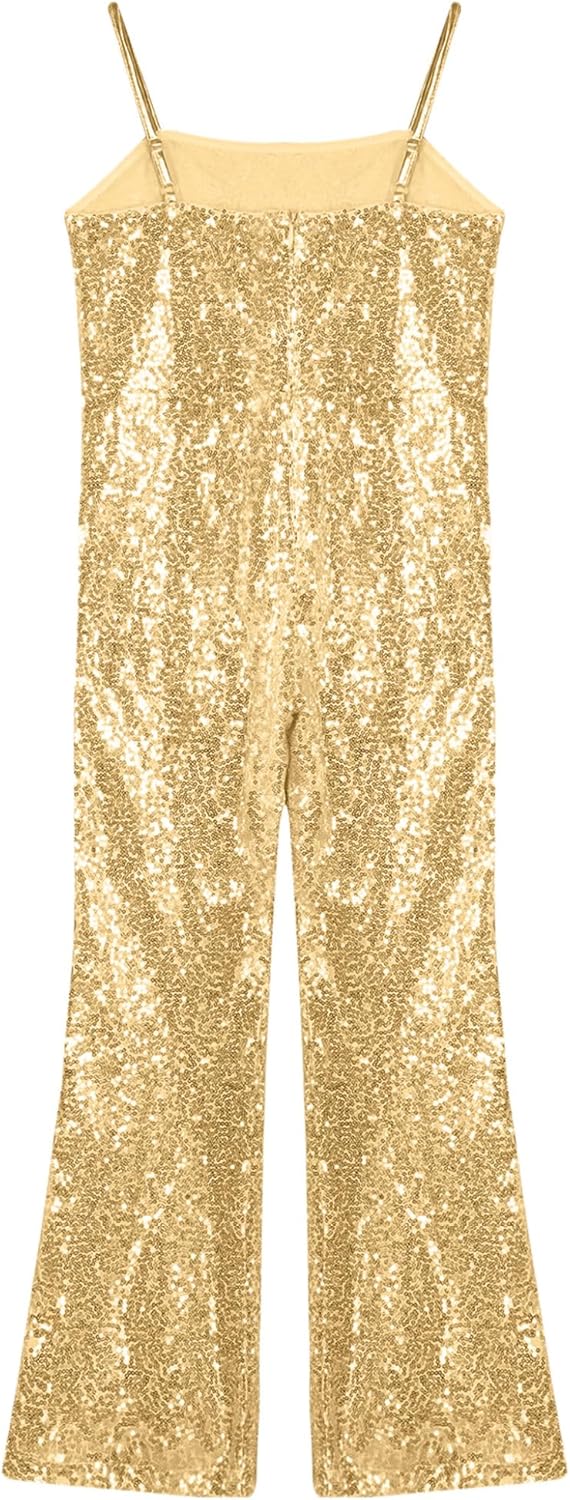 Kids Girls Shiny Sequins Bell Bottoms Dance Jumpsuit Halloween Carnival Party Movie Character Roleplay Dress Up