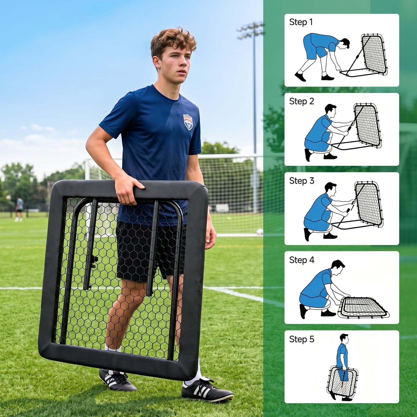 SUNYRISY Rebounder für Fußball, Fussball Rebounder mit Tornetz und Schutzrand, Fussball Trainingszubehör, Trainingsset für Handball und Volleyball, Stufenlos Verstellbar