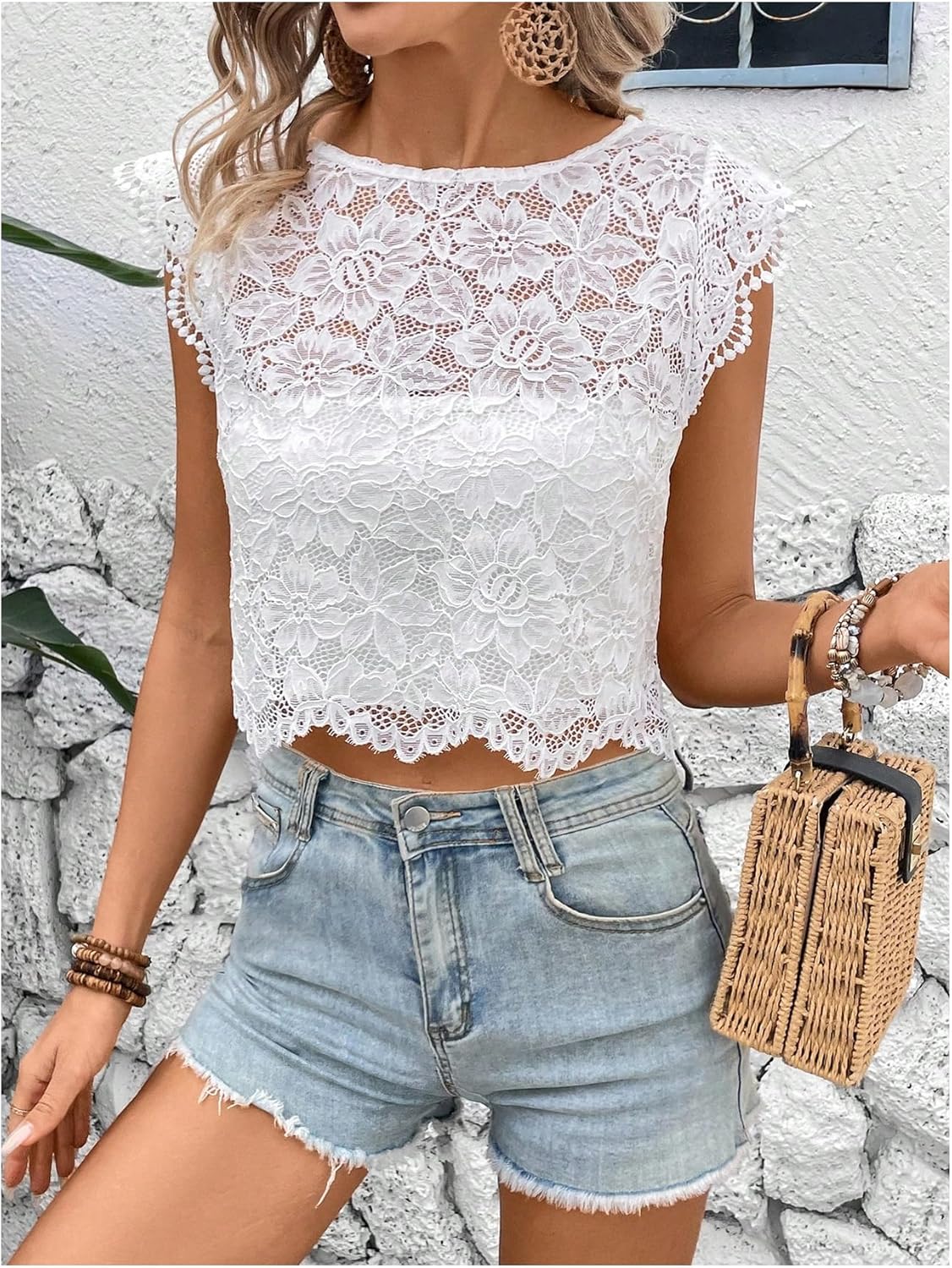 GORGLITTER Women's Boho Tank Floral Lace Open Back Sheer Backless Cap Sleeve Trendy Dressy Blouse Tops - Image 5