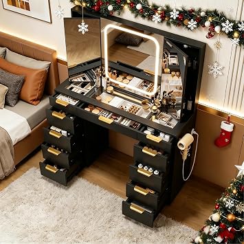 Glass Top Vanity Desk with Foldable Mirror and Lights, 11 Drawers Makeup Vanity with Charging Station, 3 Lighting Modes Dressing Table with Chair, Black