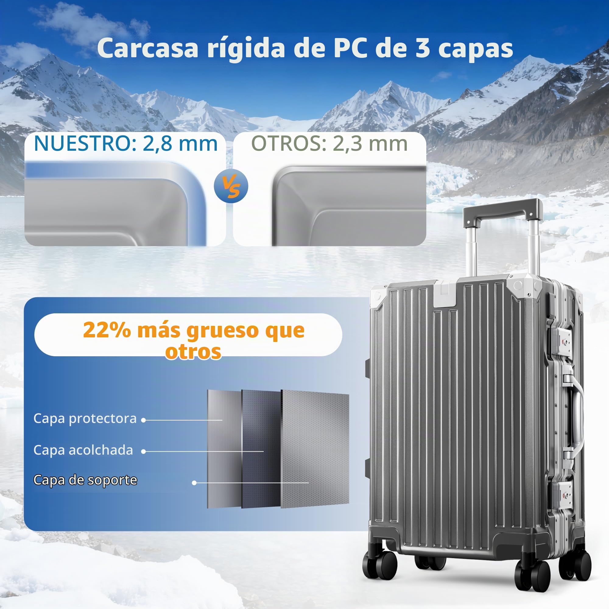 ALPHA CAMP Maleta Cabina Rígida de Viaje Mediana 55.5x37x22 CM Policarbonato y Marco de Aluminio TSA Candado con Ruedas Giratorias 37L