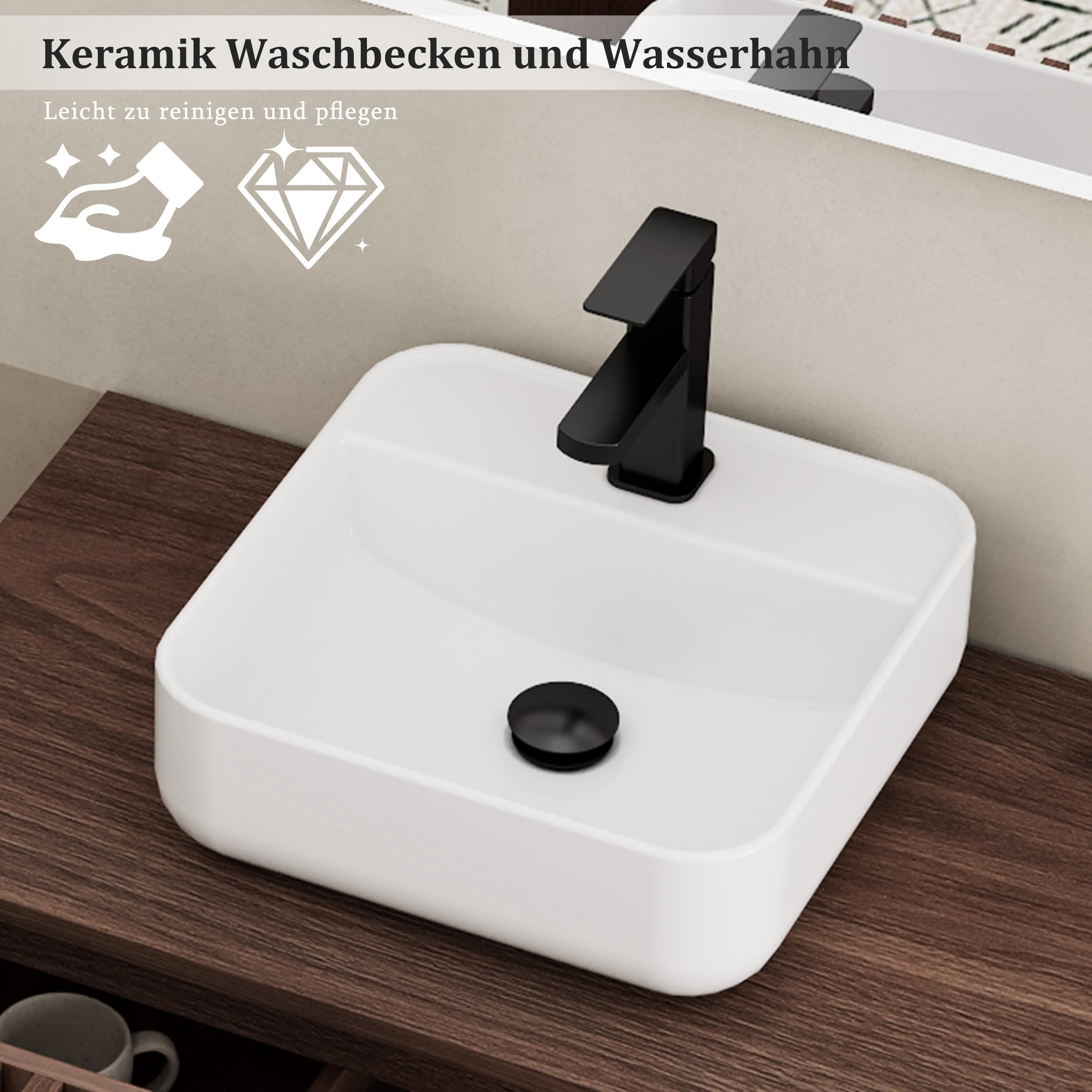 UEV Waschtisch mit Unterschrank, Waschbecken hängend 81cm, Dunkelbraun | Waschbeckenunterschrank, Badmöbel Set, Rechteckiges Keramikwaschbecken, ausreichend Stauraum Platzsparender Badezimmmer Möbel