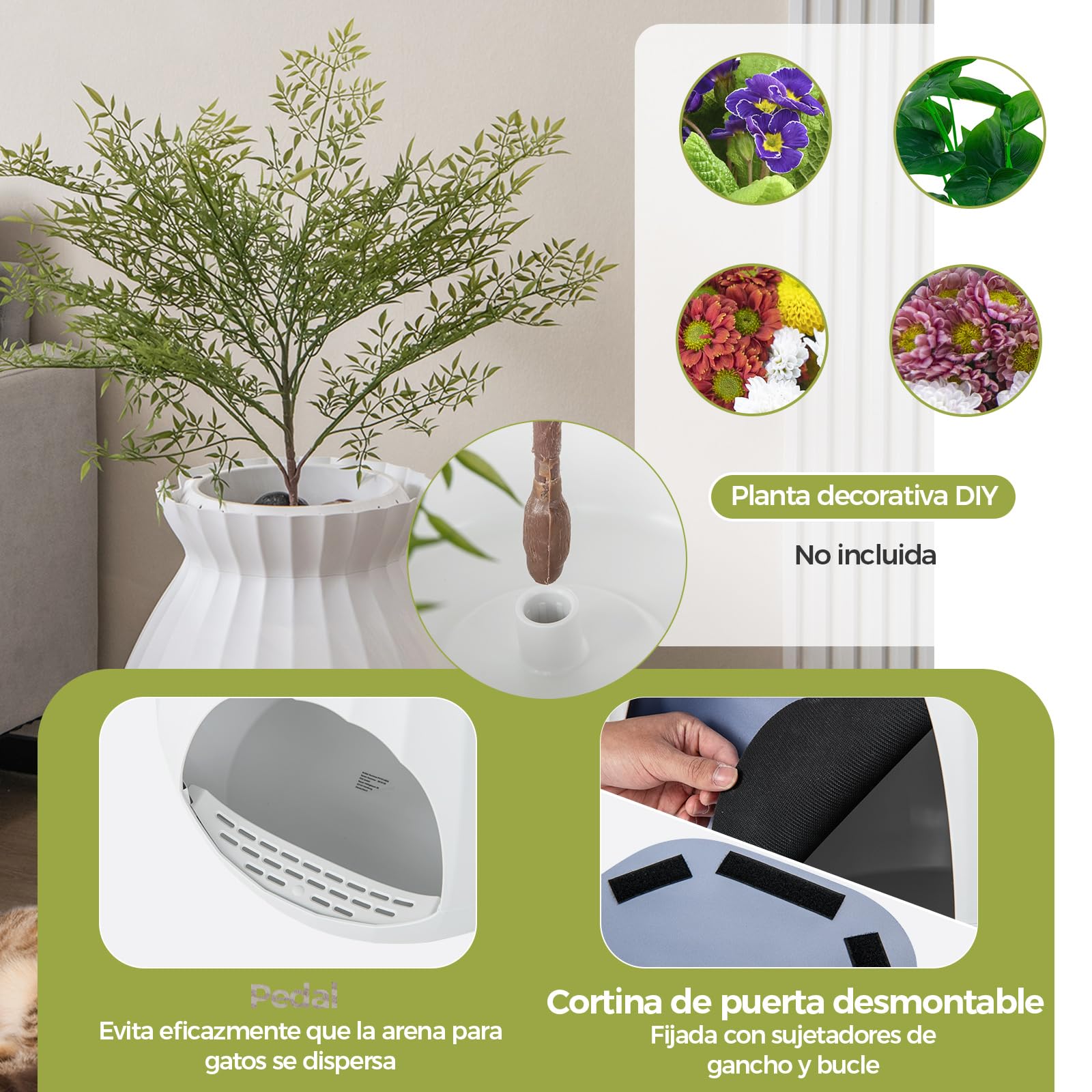 COSTWAY Caja de Arena Oculta, Incluye Planta Sintética Eliminación Electrónica de Olores y Esterilización, Caja De Arena para Plantas para Gatos (Blanco)