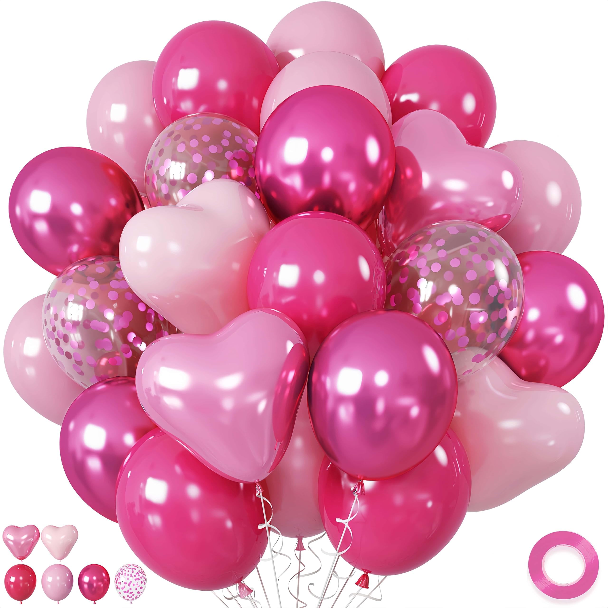 Pink Balloons, 12 Inch Metallic Hot Pink Chrome Magenta Heart Balloons, Baby Dark Magenta Confetti Balloon for Valentines Day Girls Happy Birthday Decorations Princess Party