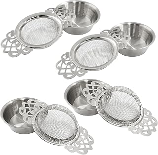 4 Pack Tea Strainers, Stainless Steel, Silver | With Drip Bowls, Loose Leaf Tea Filter, For 2.5-4 Inch Cup Mouth