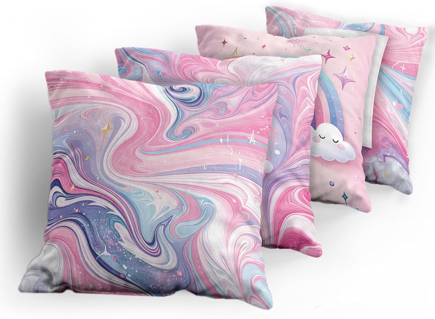 Ambesonne Rainbow Throw Pillow Cushion Cover Set of 4, Cartoon Design Kawaii Style Clouds Waving Marble Print Unicorn Stars, Decorative Accent Double-Sided Printing, 20", Pink Lilac and Ceil Blue