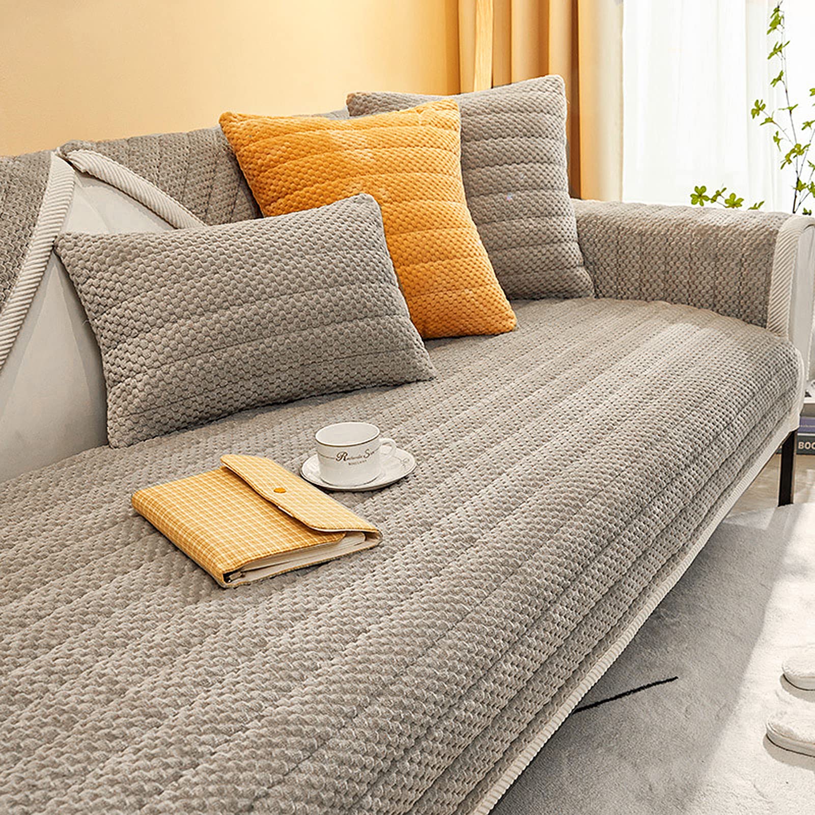 Housses de canapé sectionnel antidérapantes et couvre canapé gris peluche thermique