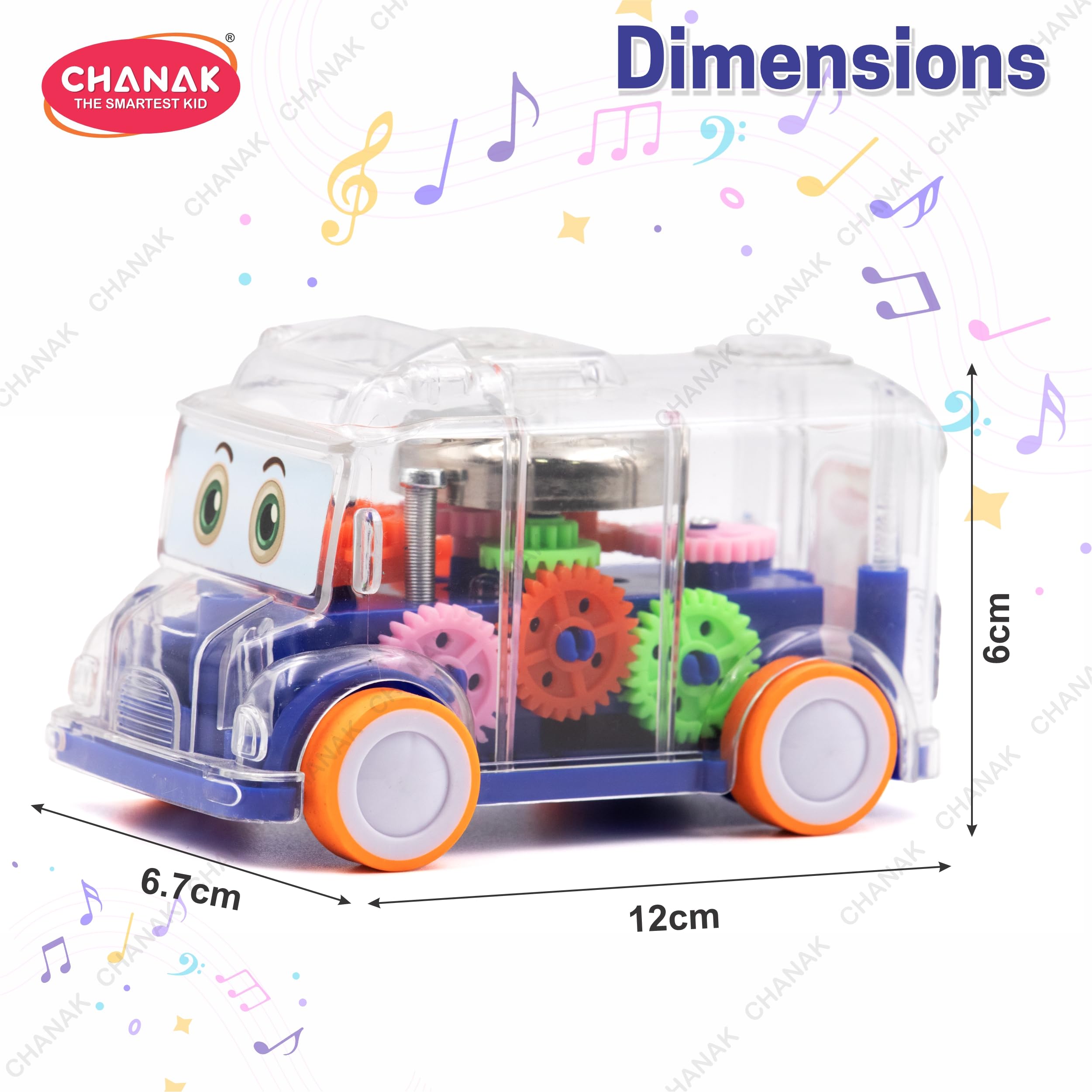 Chanak Transparent Gear Bus for Kids, Mini School Bus with Tinkling Sound and Light Toy for Kids Above 3 Years, BIS Approved (Dark Blue)