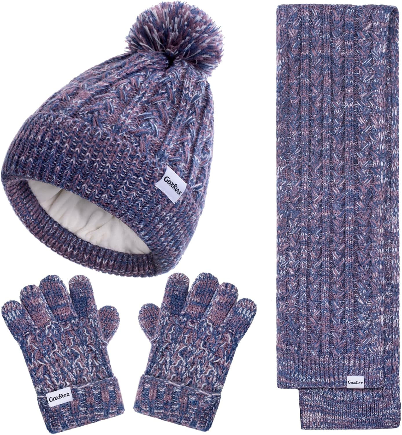 Kids Winter Hat Gloves Scarf Set, Girls Boys Winter Beanie Hat Mittens Scarf Knit Set with Thick Fleece Lined for Children