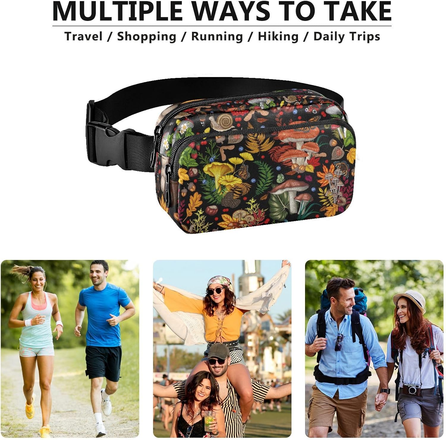 Mushroom Snail Butterflies Fanny Packs for Women & Men Waterproof Waist Pack Fashion Casual Crossbody Bags Hip Bum Bag with Adjustable Strap Hands Free for Outdoors, Hiking, Running, Travel - Image 7