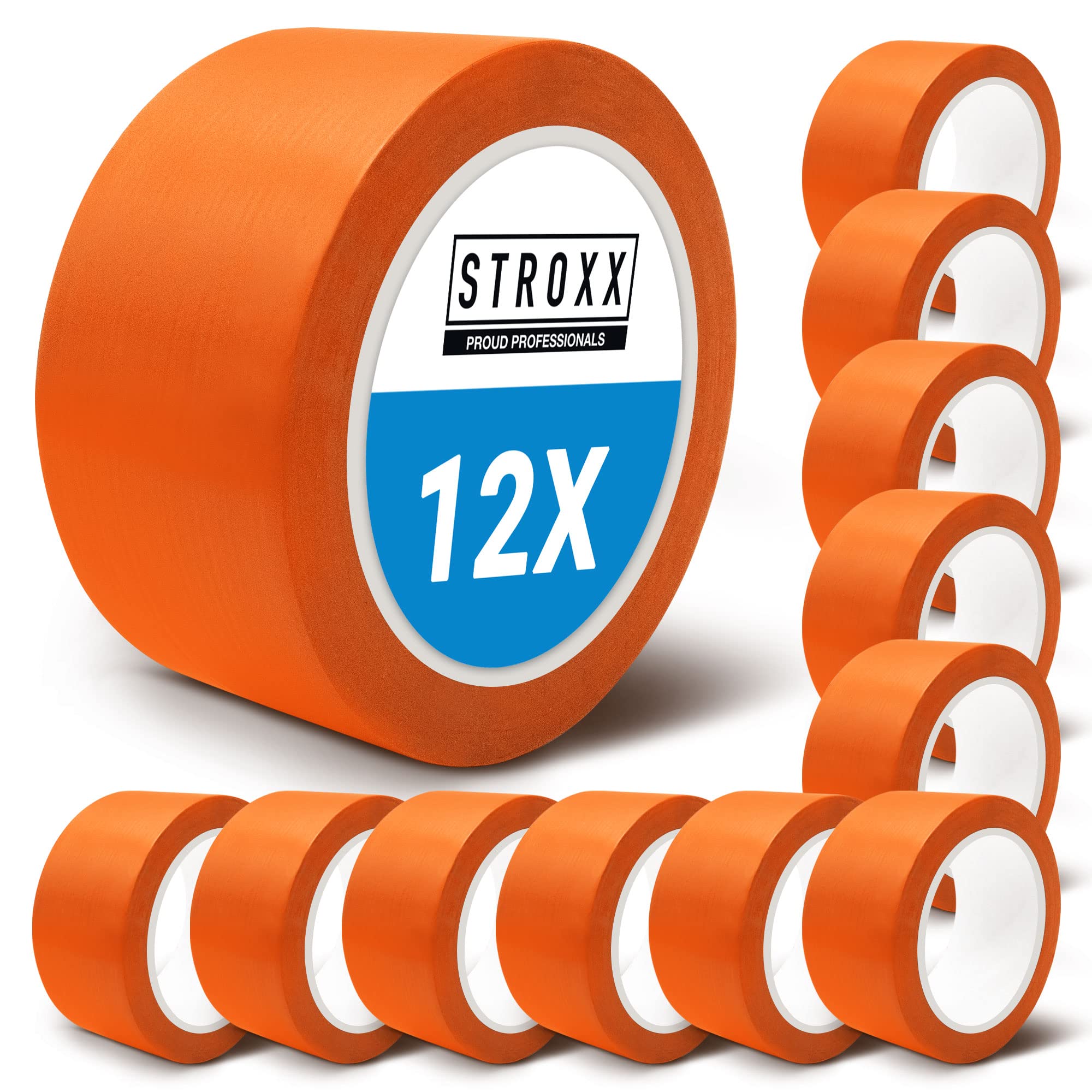 STROXX – 12x Putz- und Maler Abklebeband 50mm x 33m – Abdeckband orange für Malerarbeiten & Renovierungen – Malerkrepp zum Streichen & Lackieren – wasserfest & rückstandslos entfernbar
